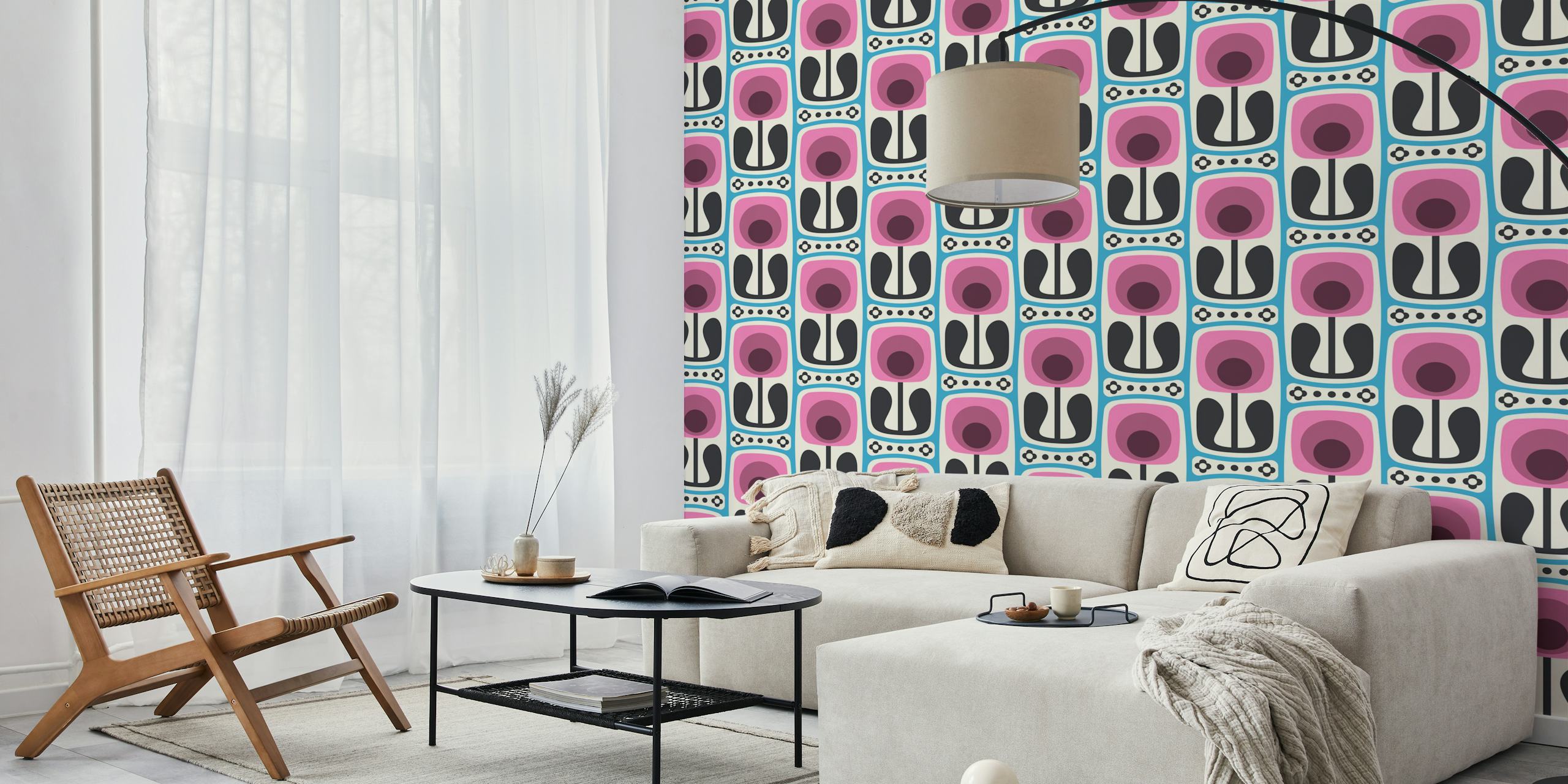 Nostalgic Retro Blooms Pink Blue zidna obloga u sobi