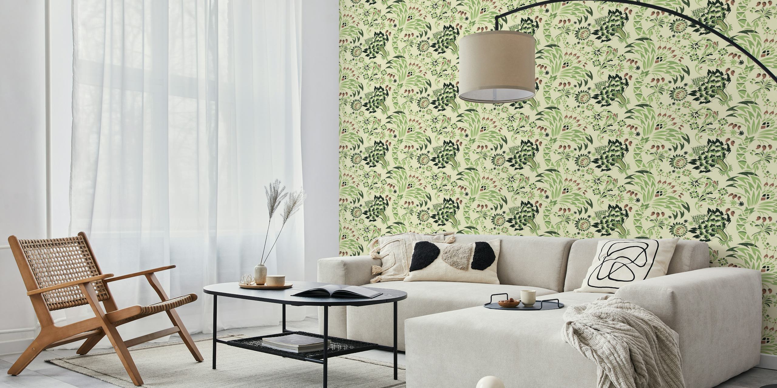 Botanical floral patterns in green and brown on cream wallpaper
