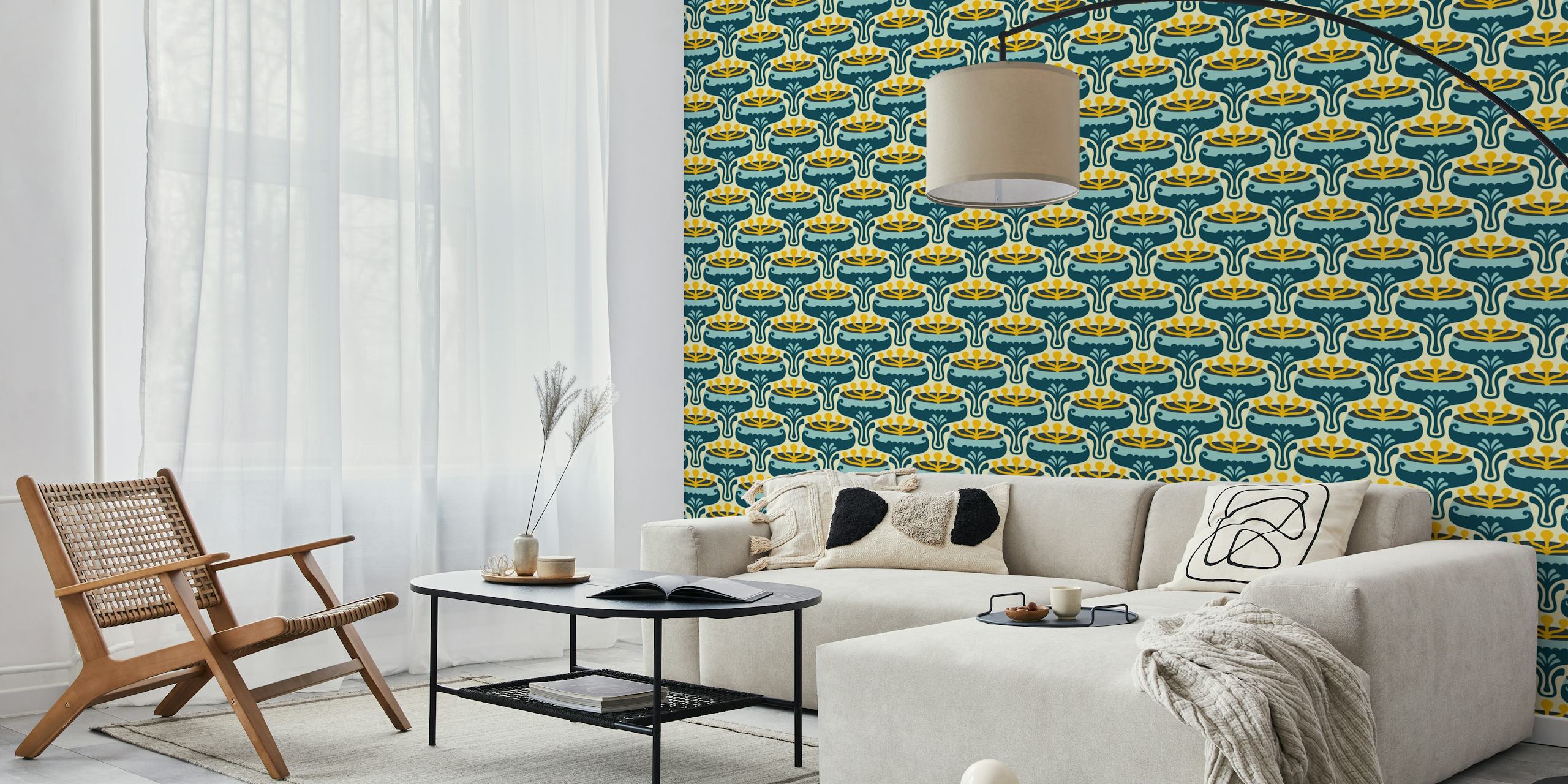 Elegant Retro Flourish in Blue wallpaper in a room