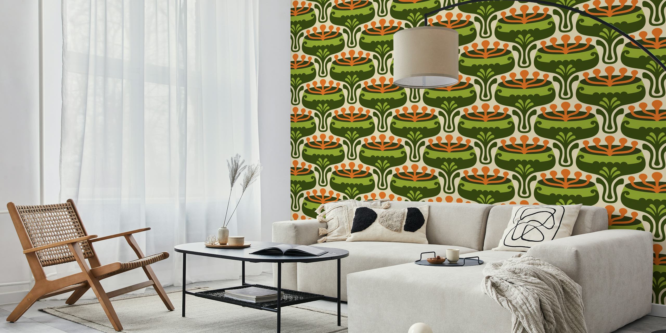Retro floral pattern in green and orange tones wallpaper