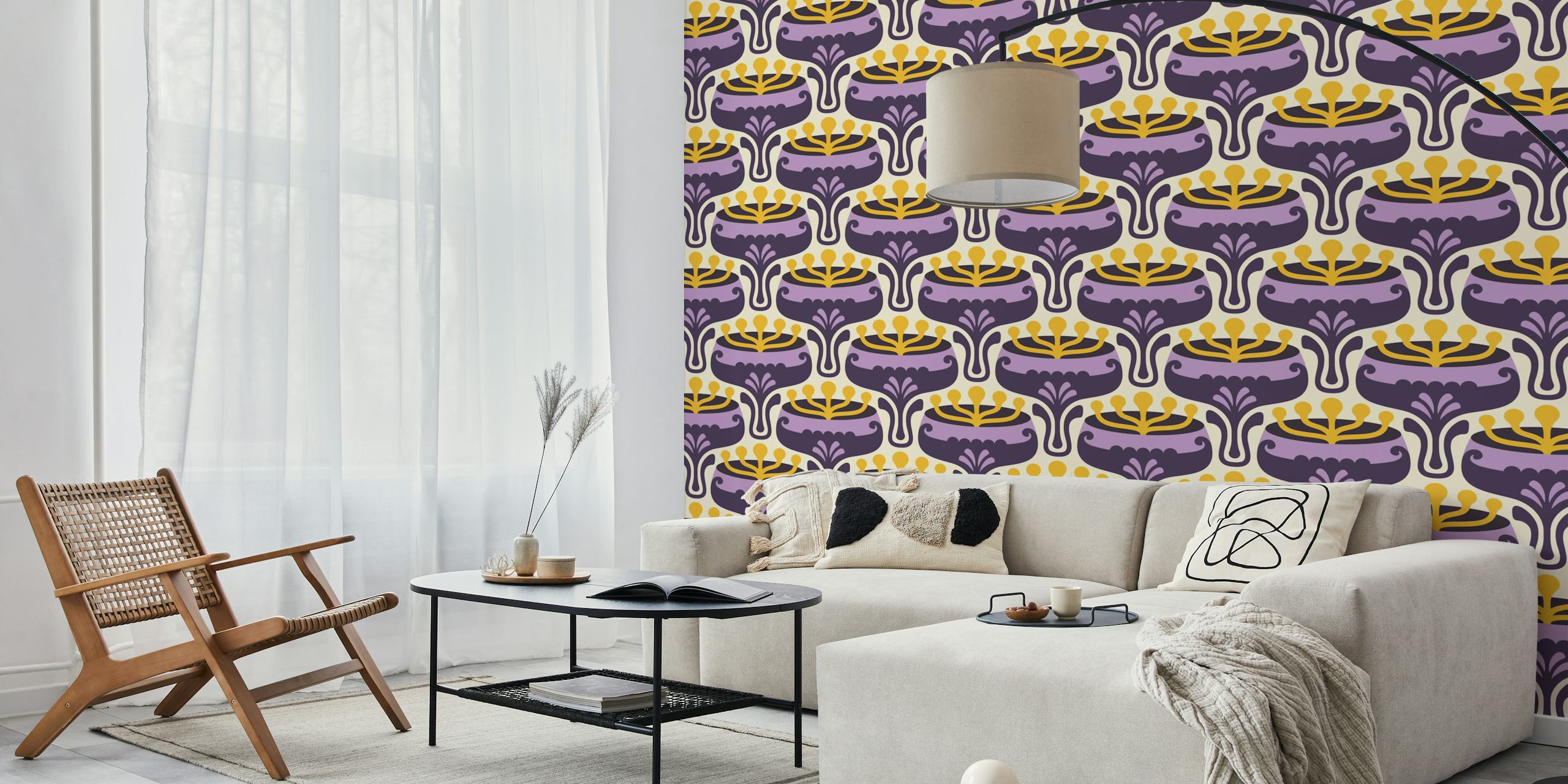 Retro floral purple wallpaper featuring yellow accents and stylized patterns