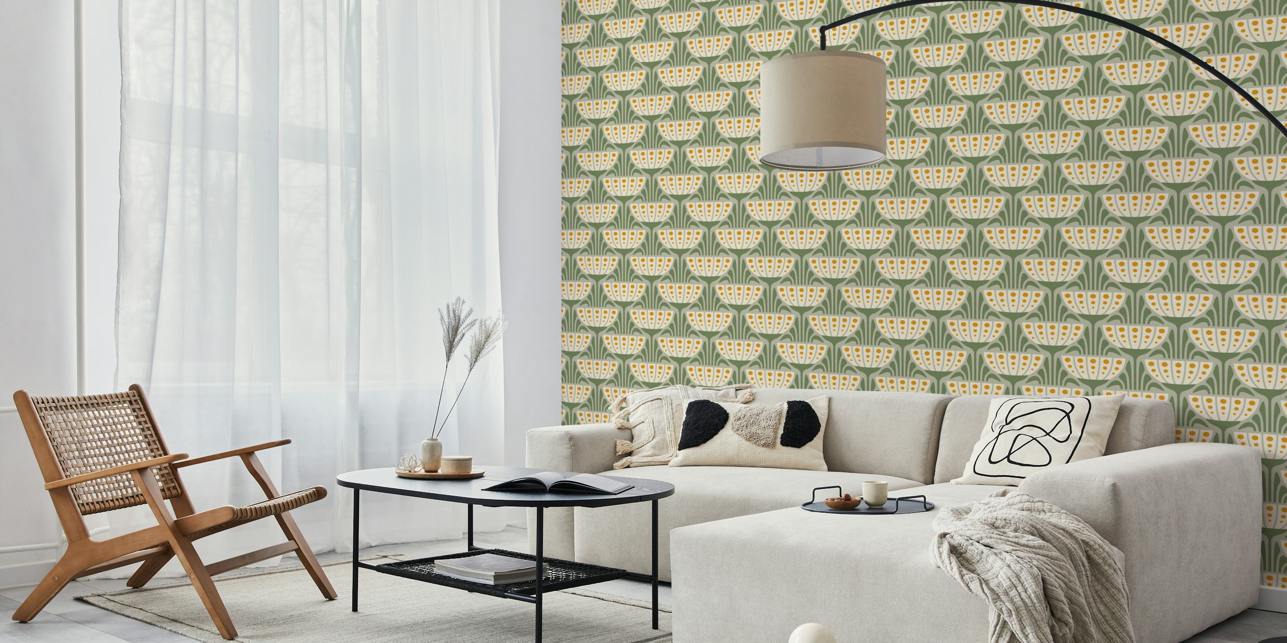 Mid-Century Blossoms wallpaper in een kamer