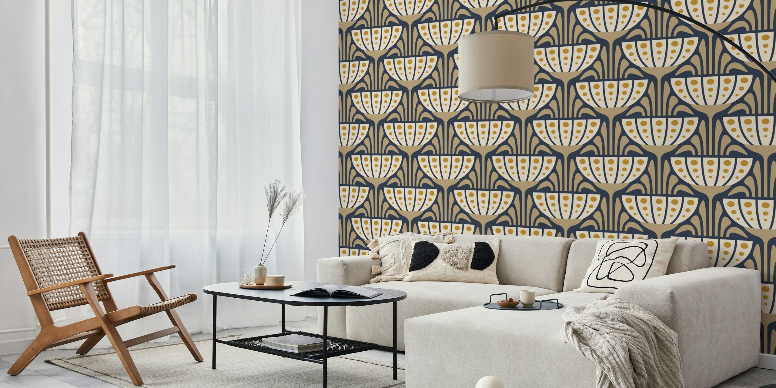 Mid-Century Blossoms in beige e giallo carta da parati