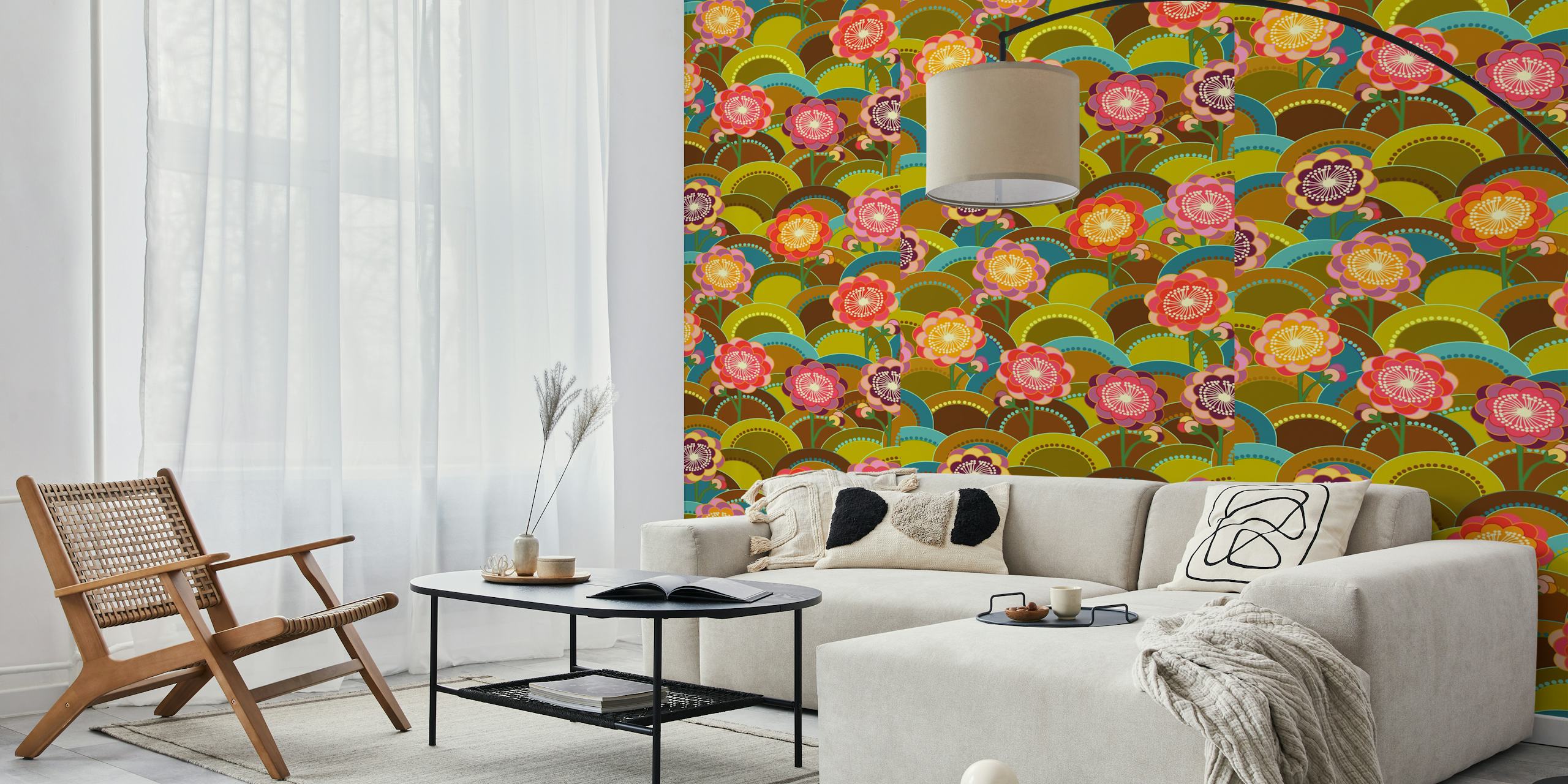 Floral statement 70s flowers buttercup wallpaper in a room