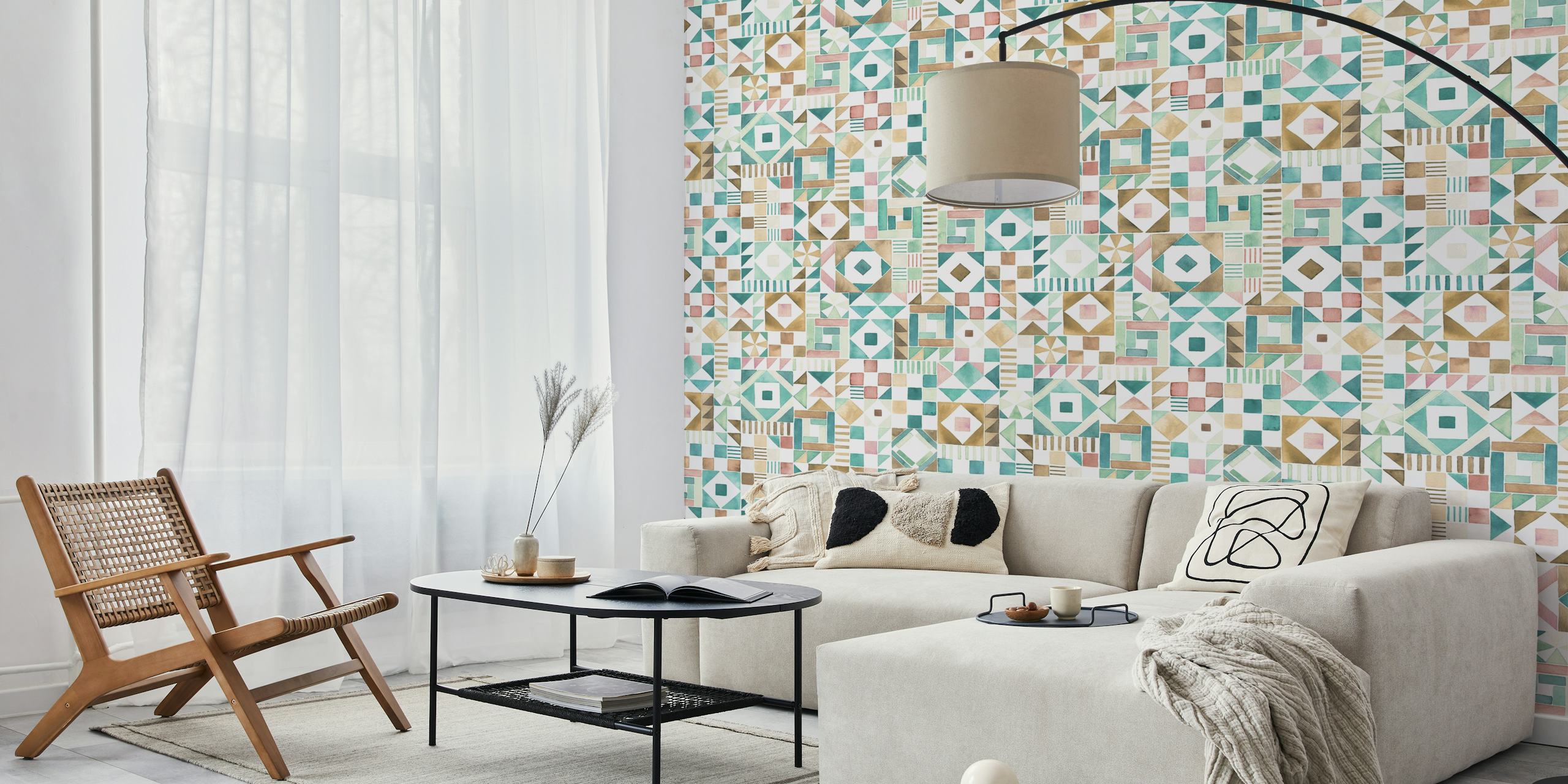 Geometric Mosaic Aqua and Blush wallpaper in a room