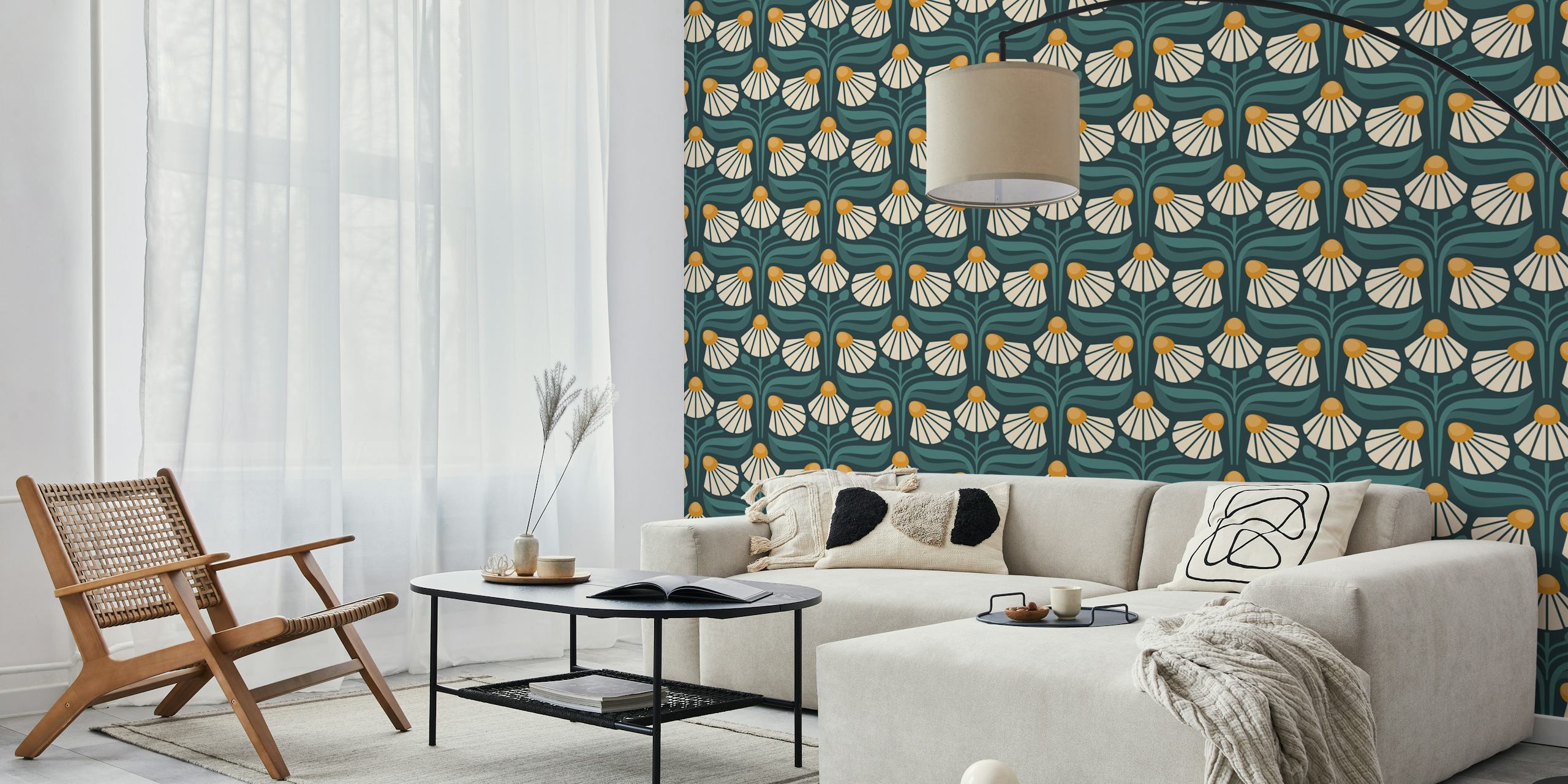 Vintage floral design with green leaves and cream blossoms wallpaper