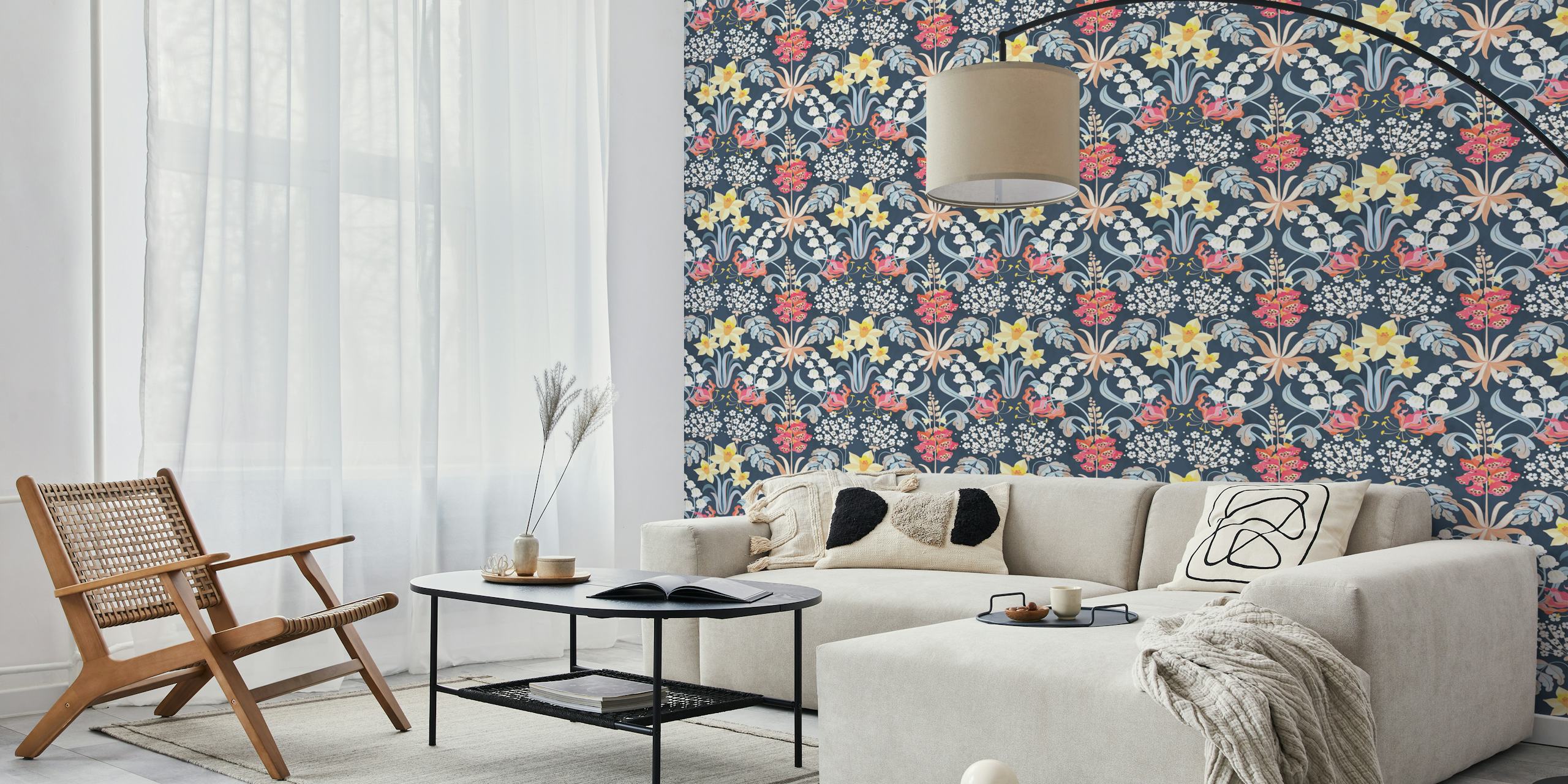 Design de papel de parede floral em um quarto