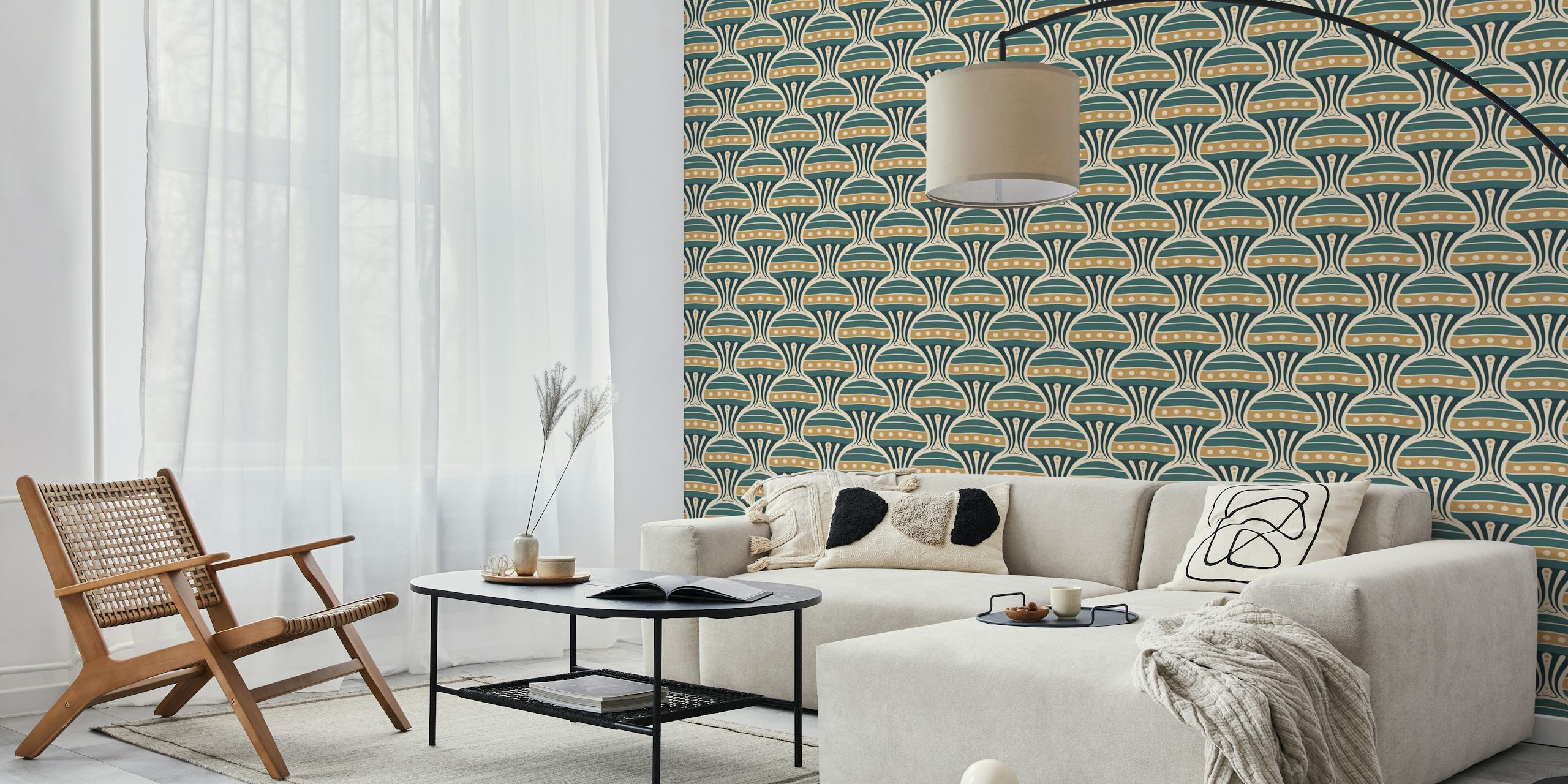 Vintage Jellyfish Harmony Green Gold wallpaper in a room