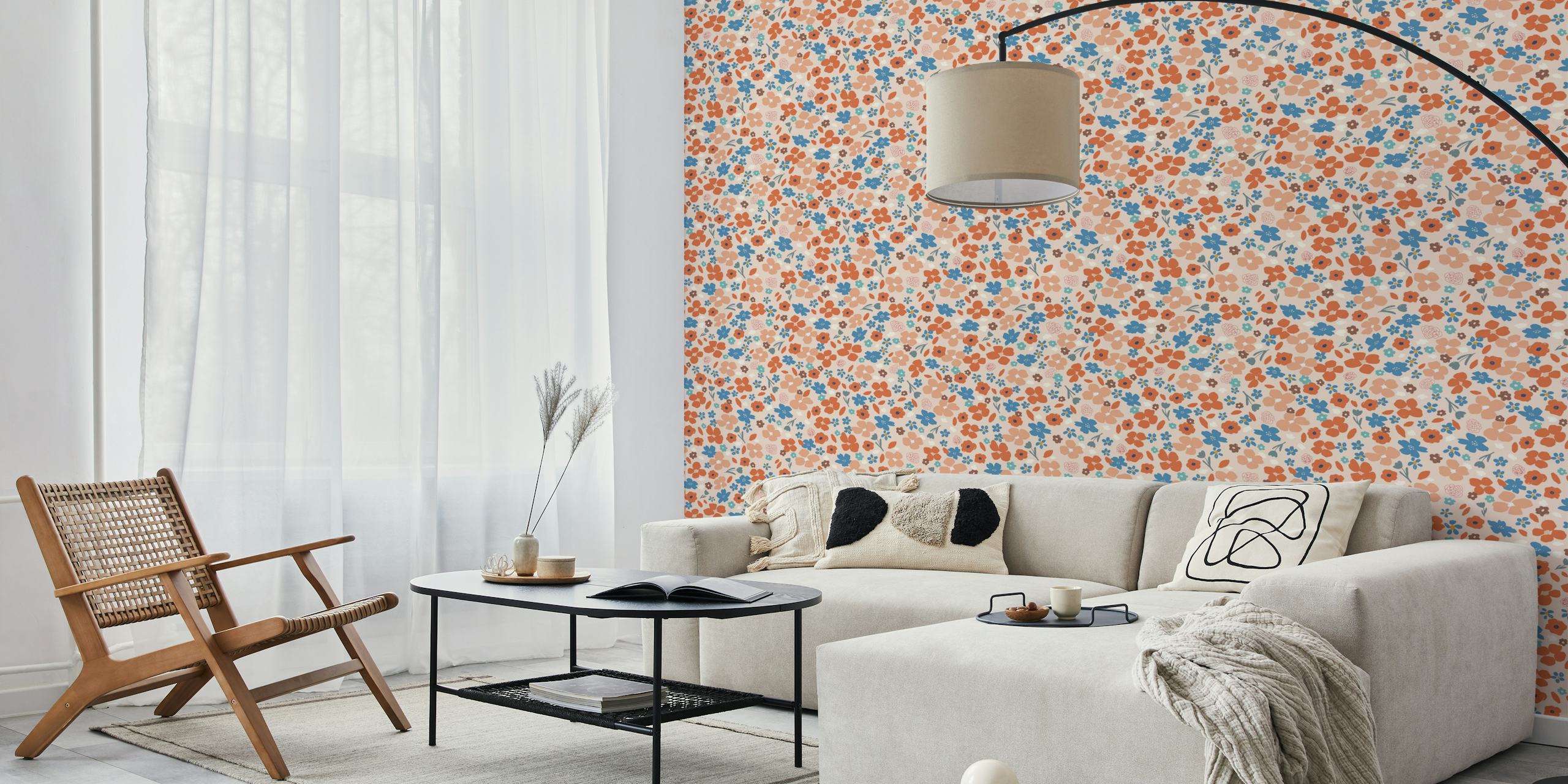 Modern Floral Multi Blue Red padrão de papel de parede