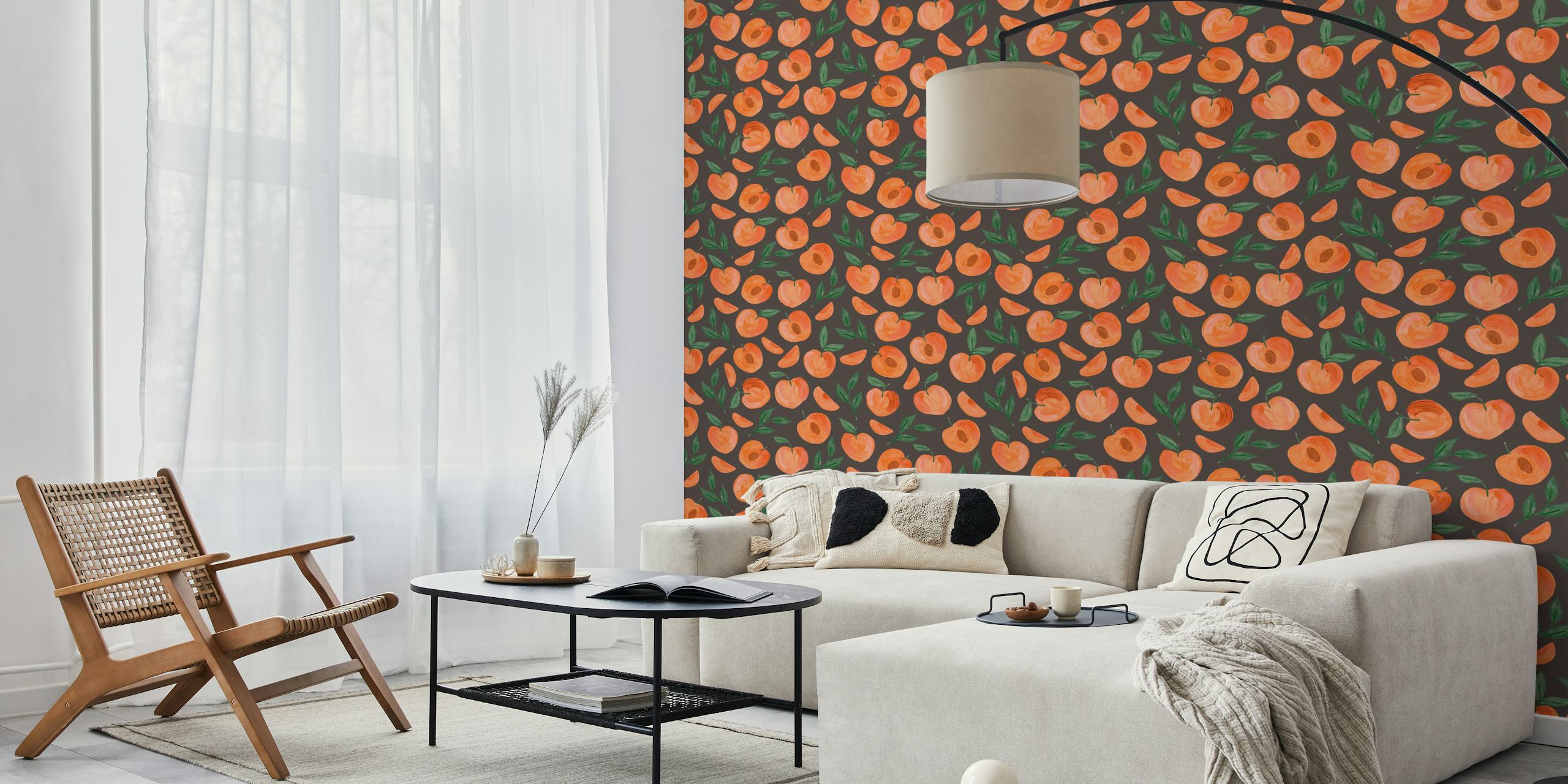 Wallpaper with pink peaches pattern on black