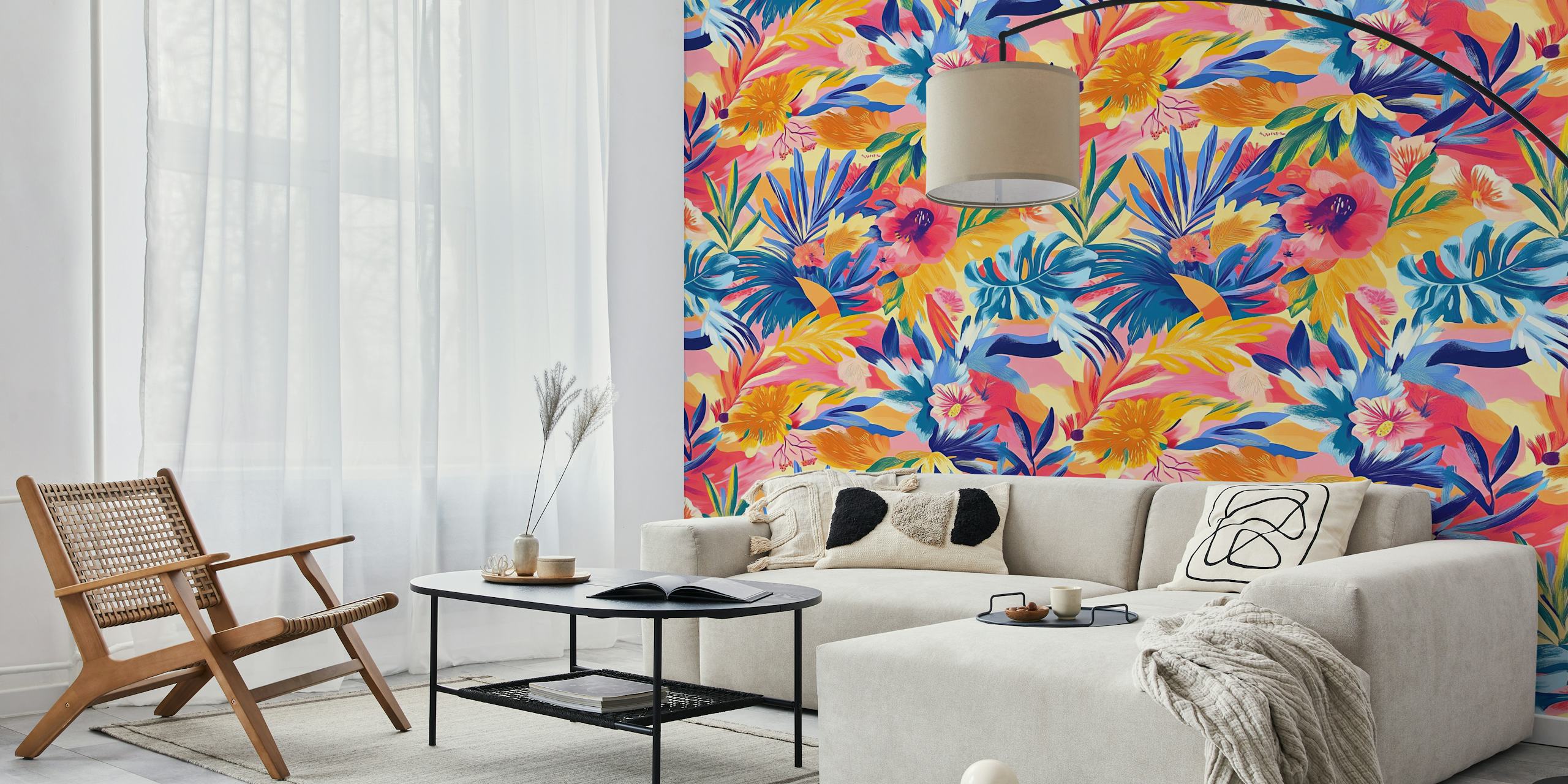 Colorful floral pattern with tropical leaves and flowers wallpaper