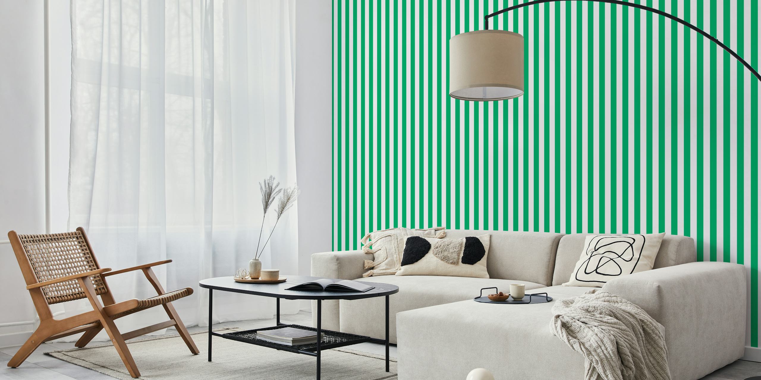 Jade green and white medium stripes wallpaper in a room