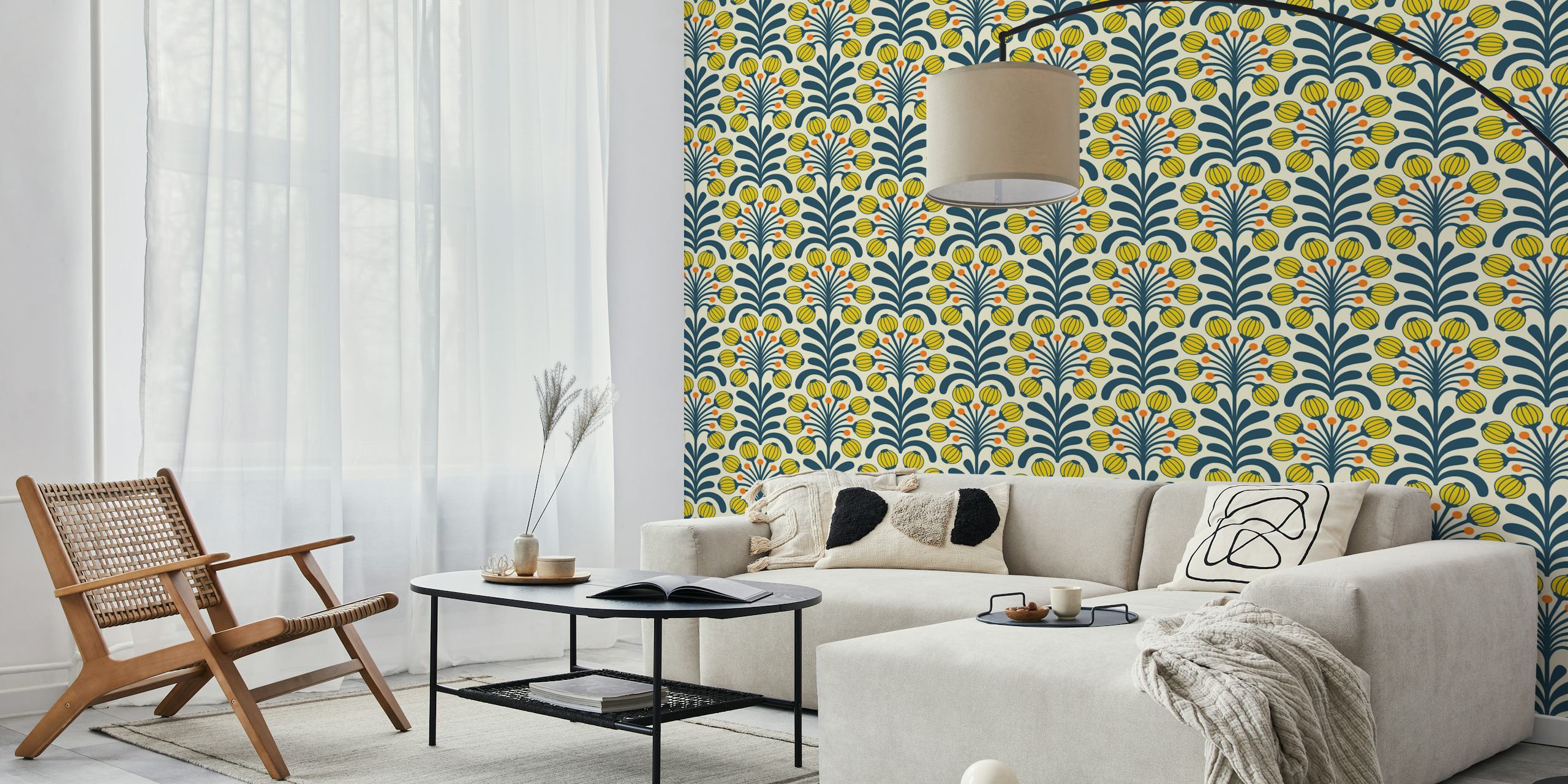 Yellow floral pattern with navy green vines wallpaper