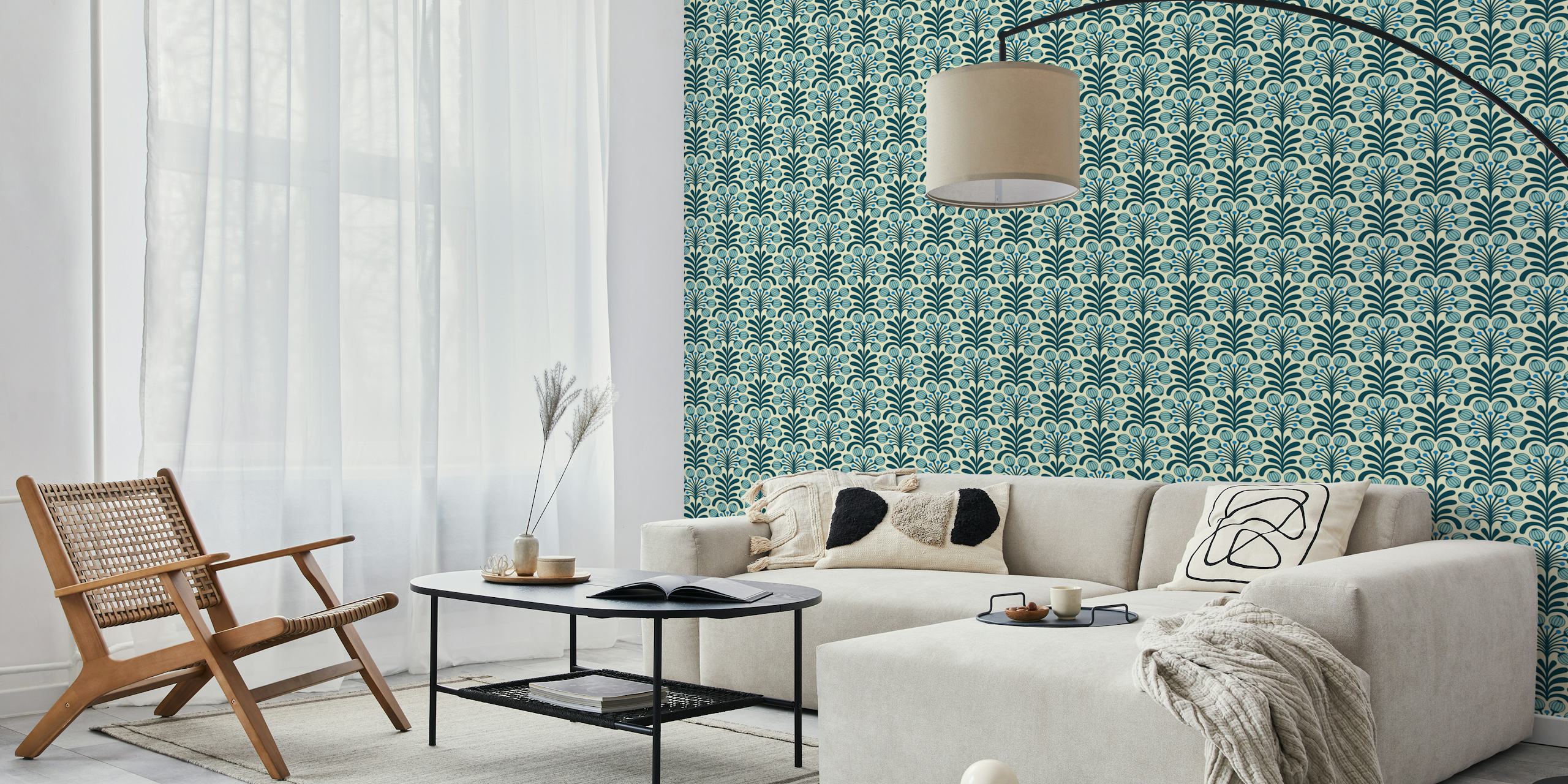 Retro Poppy Fantasy in Blue Tapete in einem Raum