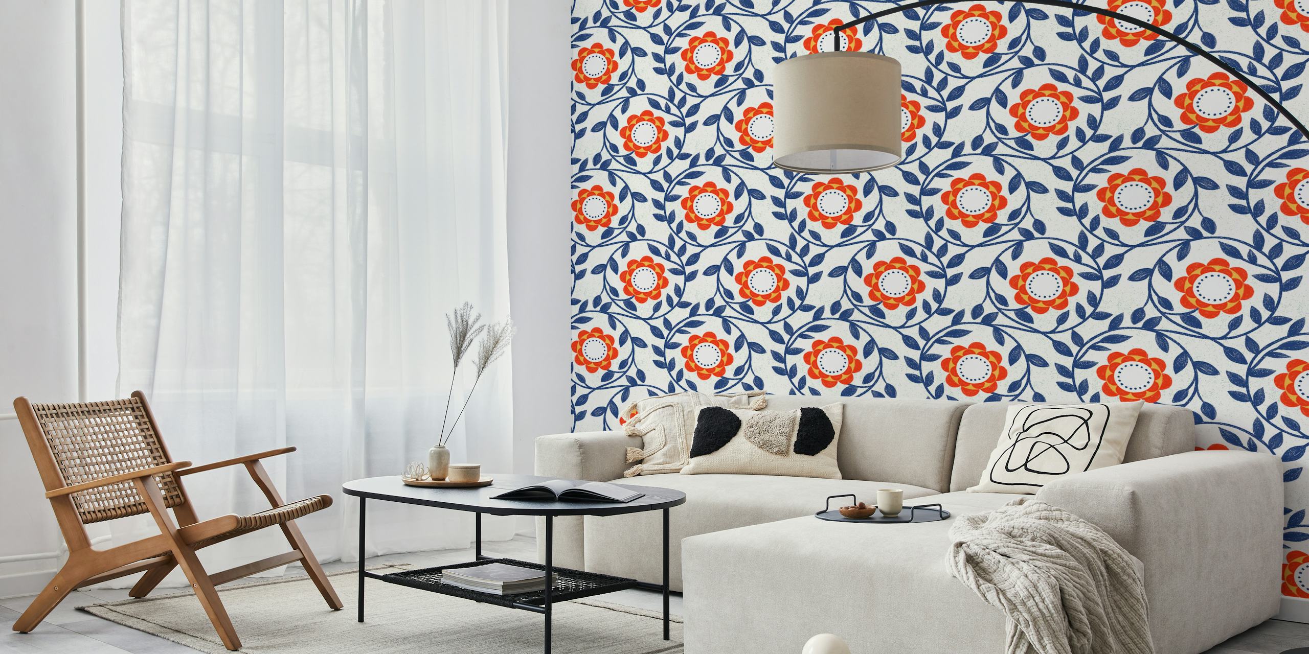 Vintage floral wallpaper en rojo y azul