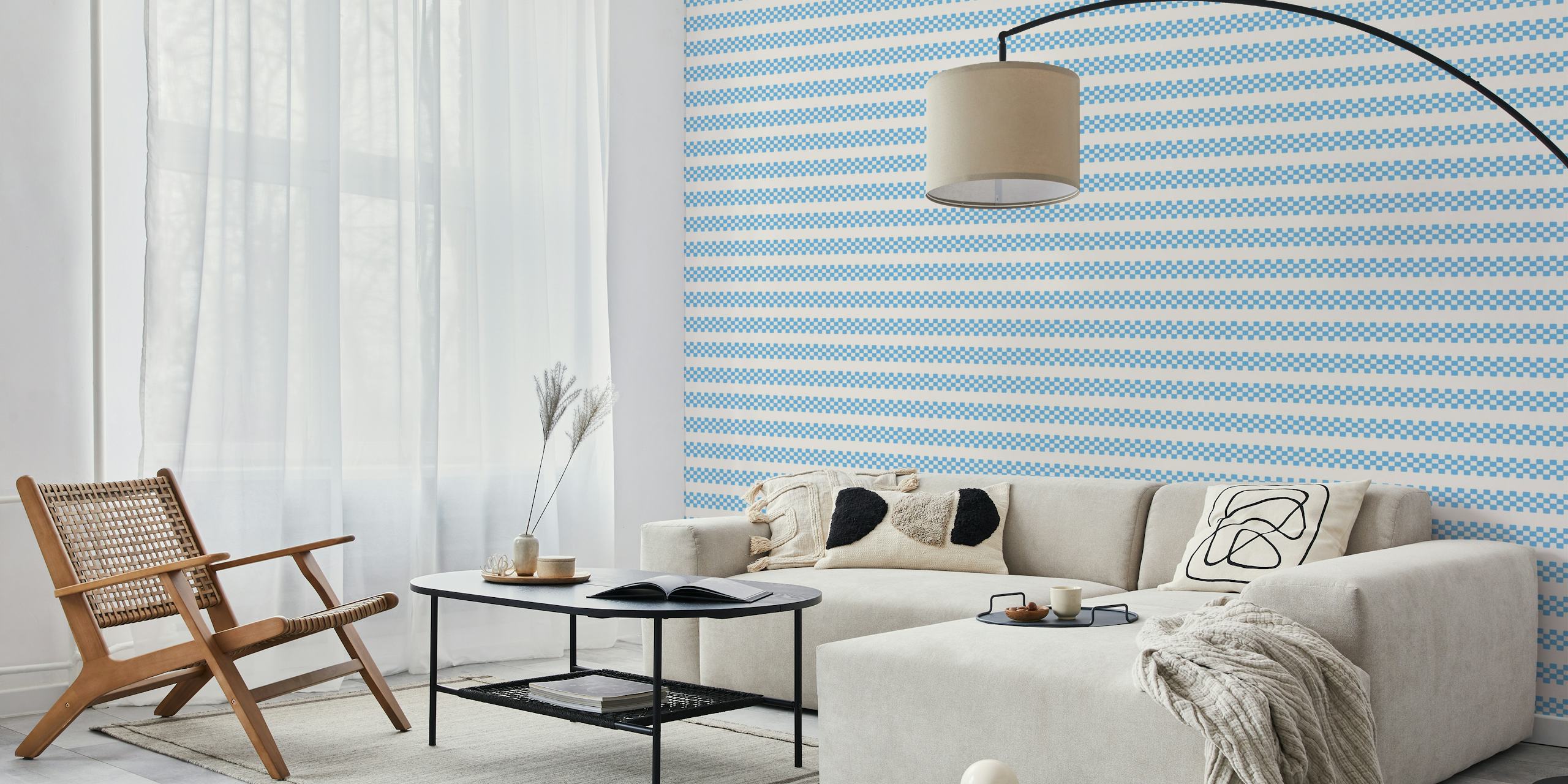 Tapeta Checkered Stripes Blue Beige w pokoju