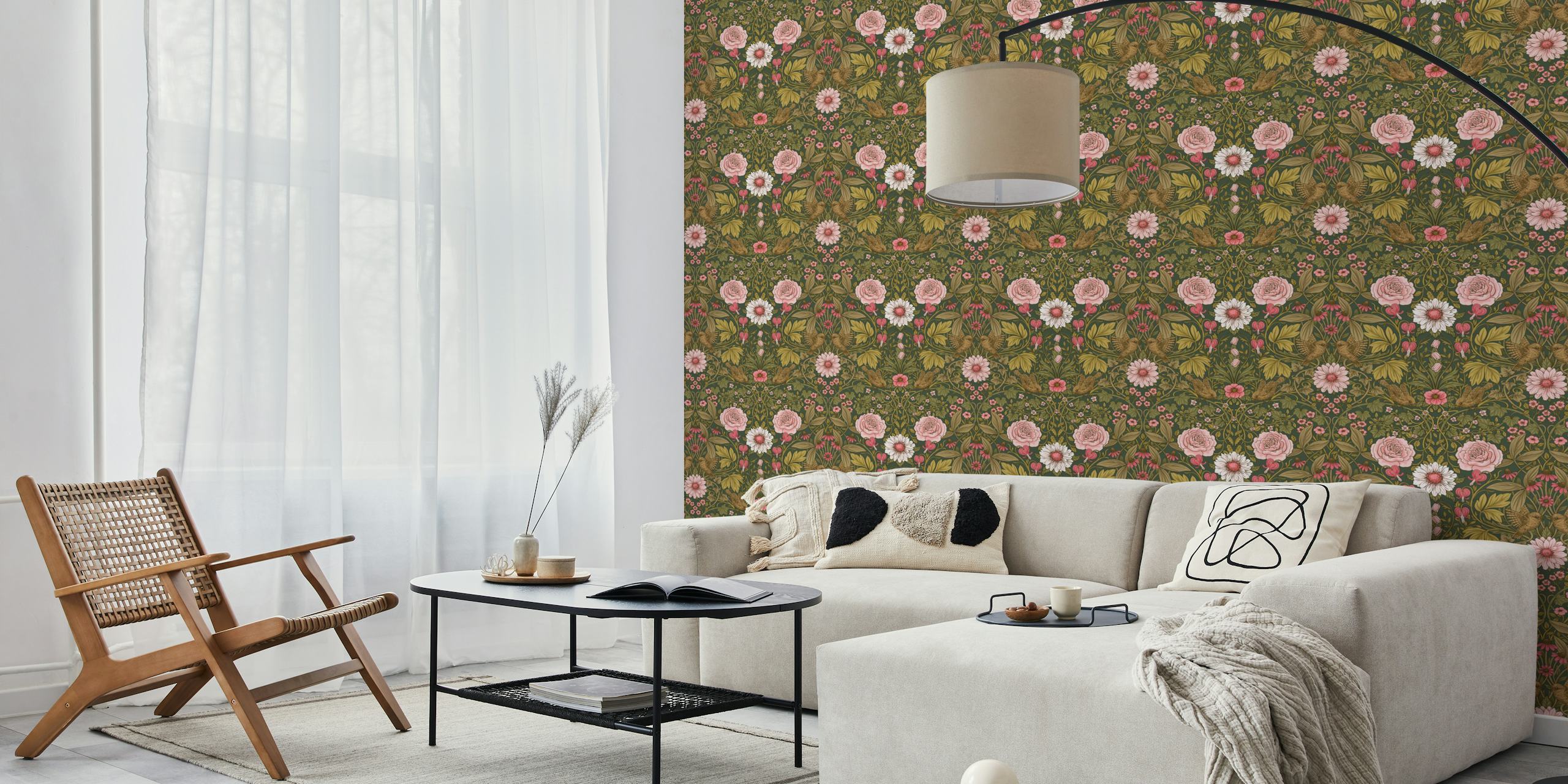 Floral pattern with pink roses and green leaves wallpaper