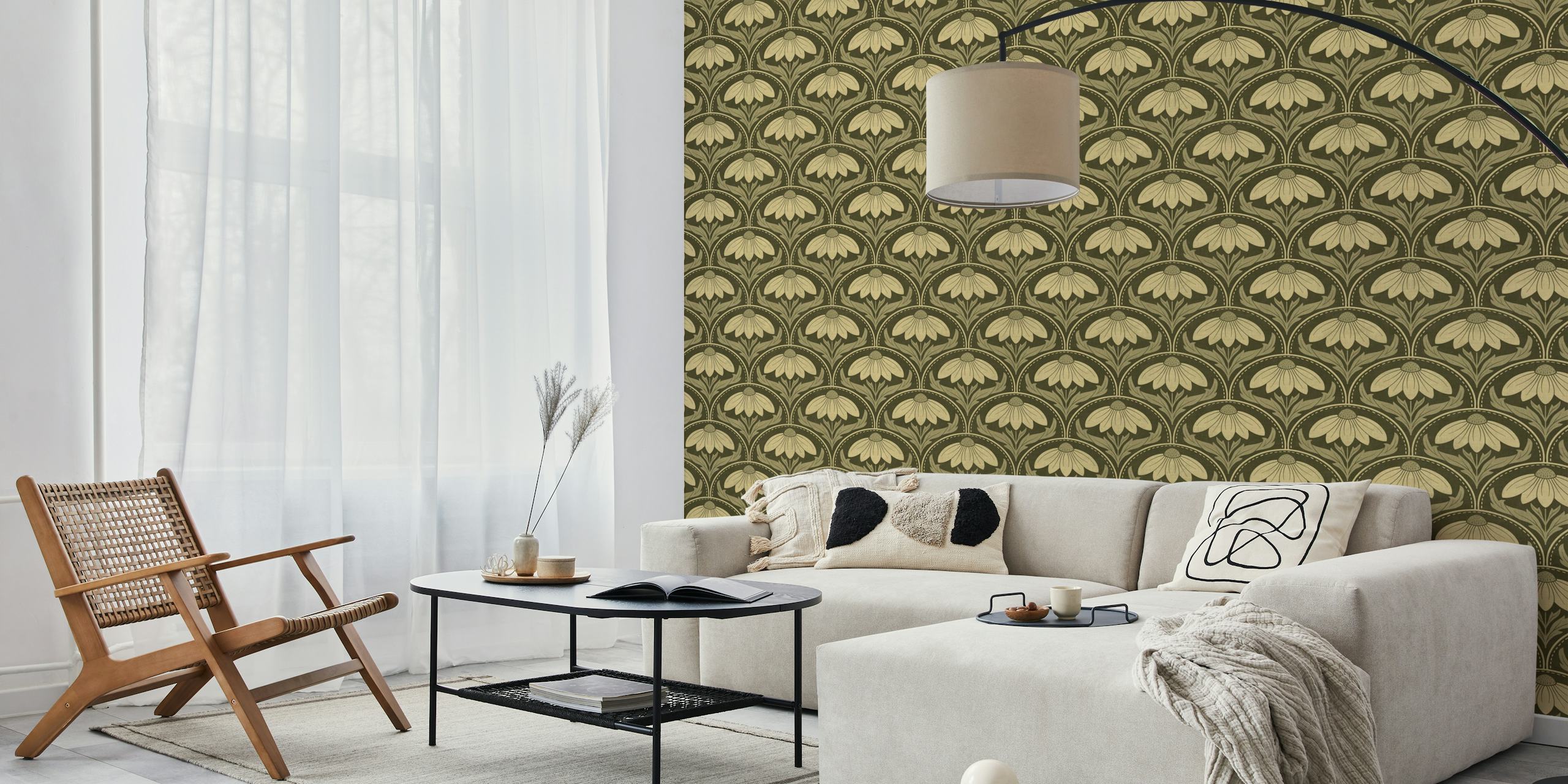 Dark green floral pattern with cream flowers and scalloped design wallpaper