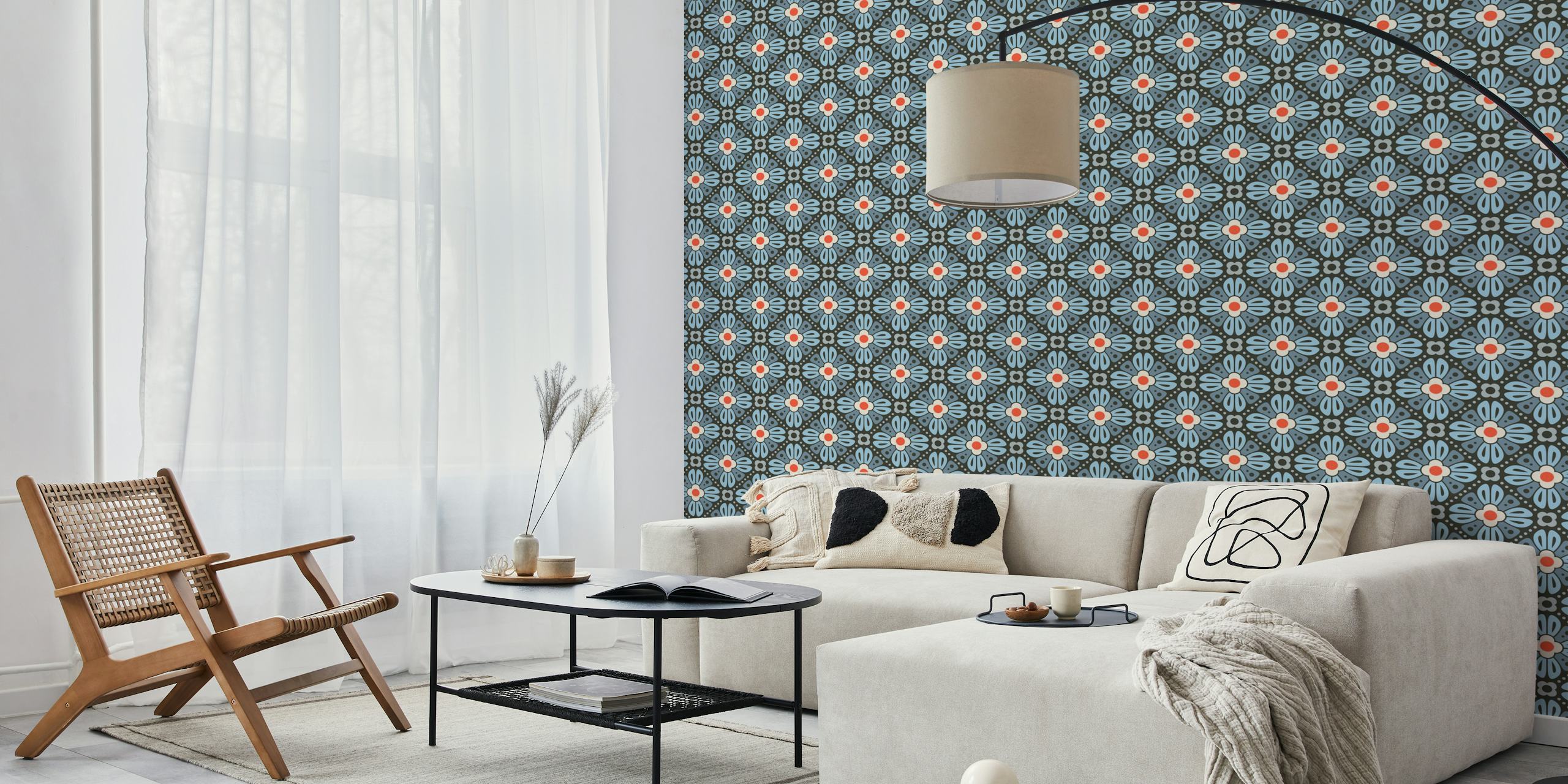 Retro floral wallpaper with blue and red flowers on dark background