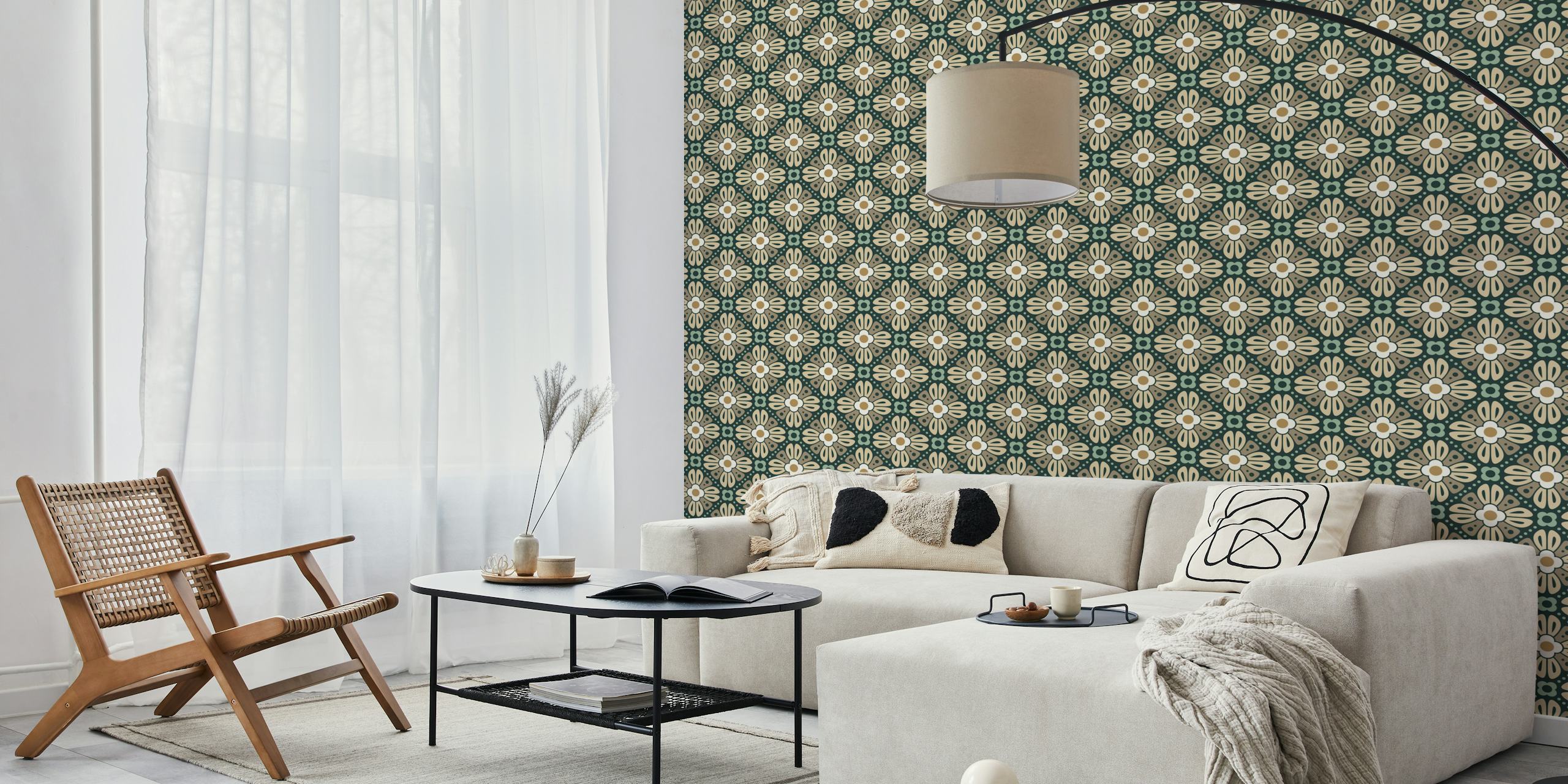 Retro Floral Tiles in Beige Green behang