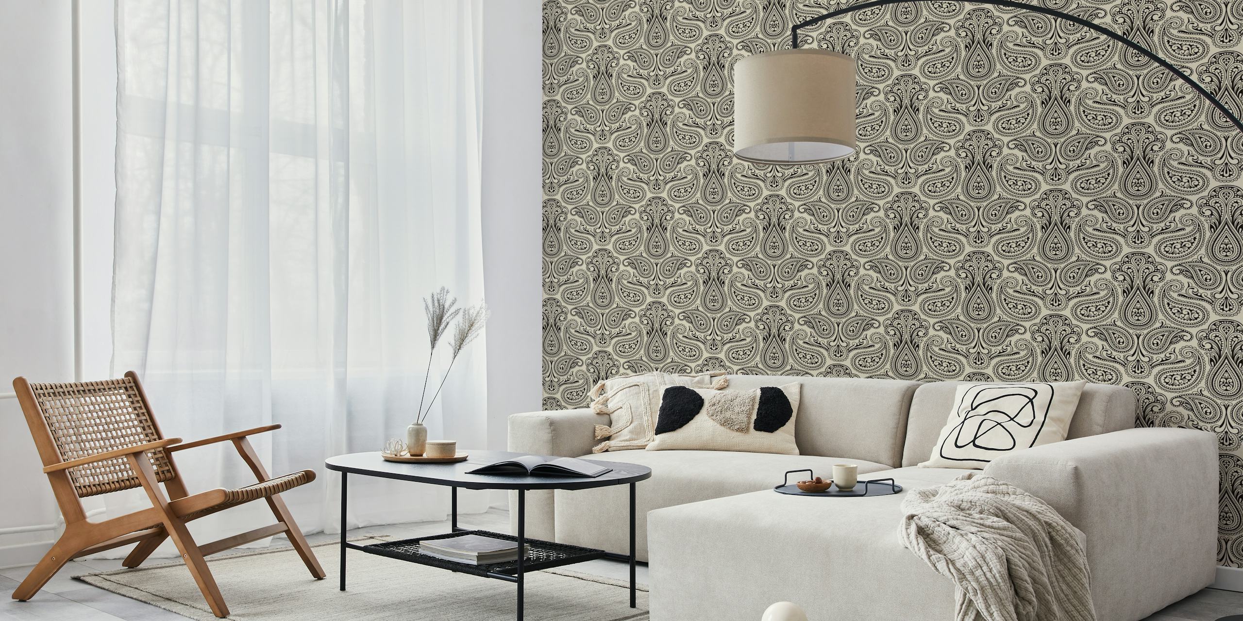 Intricate paisley pattern in black and white wallpaper