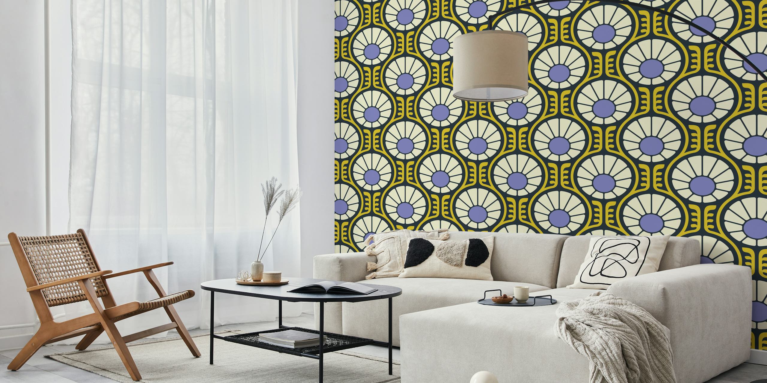 Retro floral wallpaper with purple and yellow daisies
