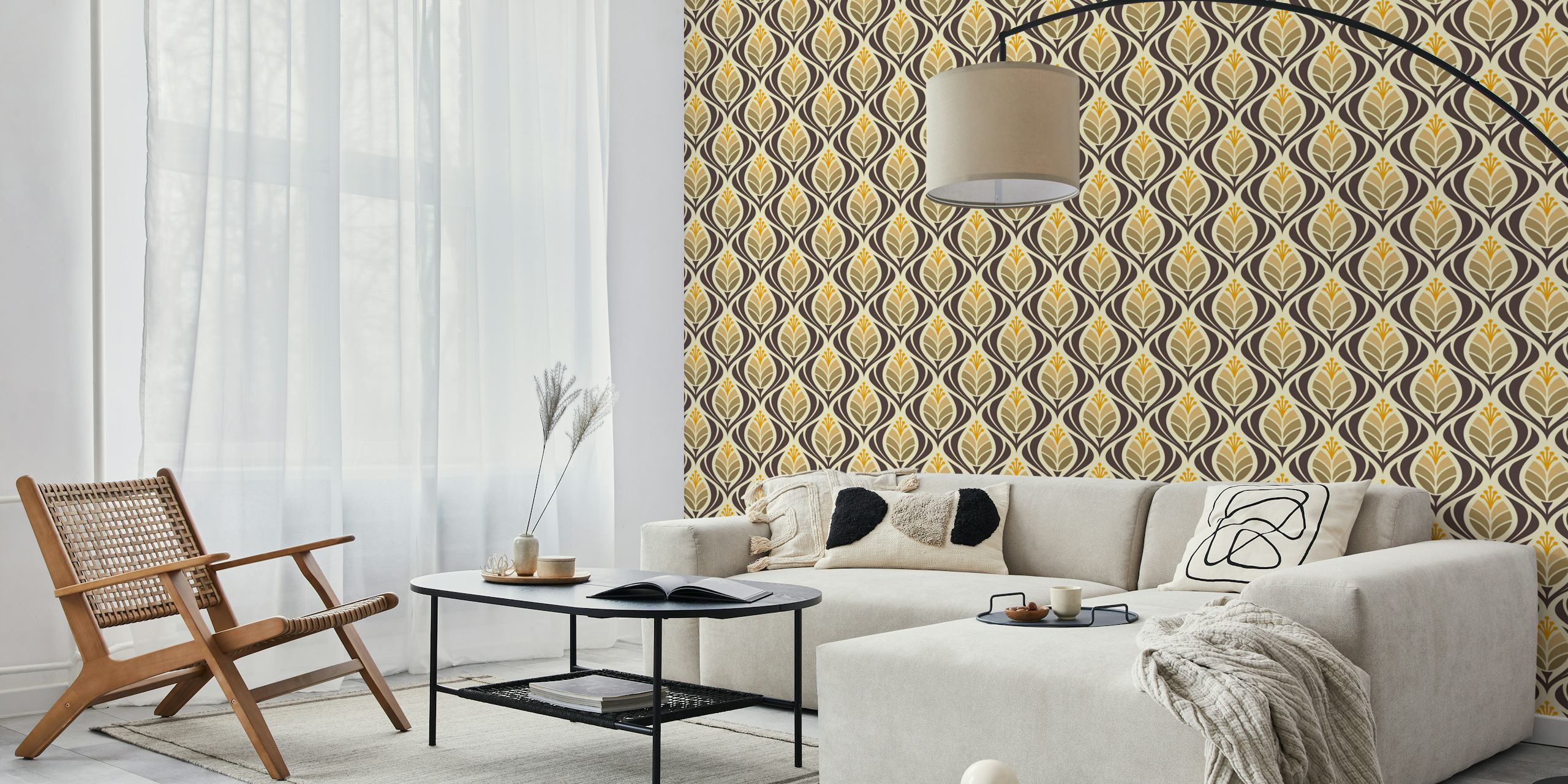 Retro tulip floral pattern in beige and brown wallpaper