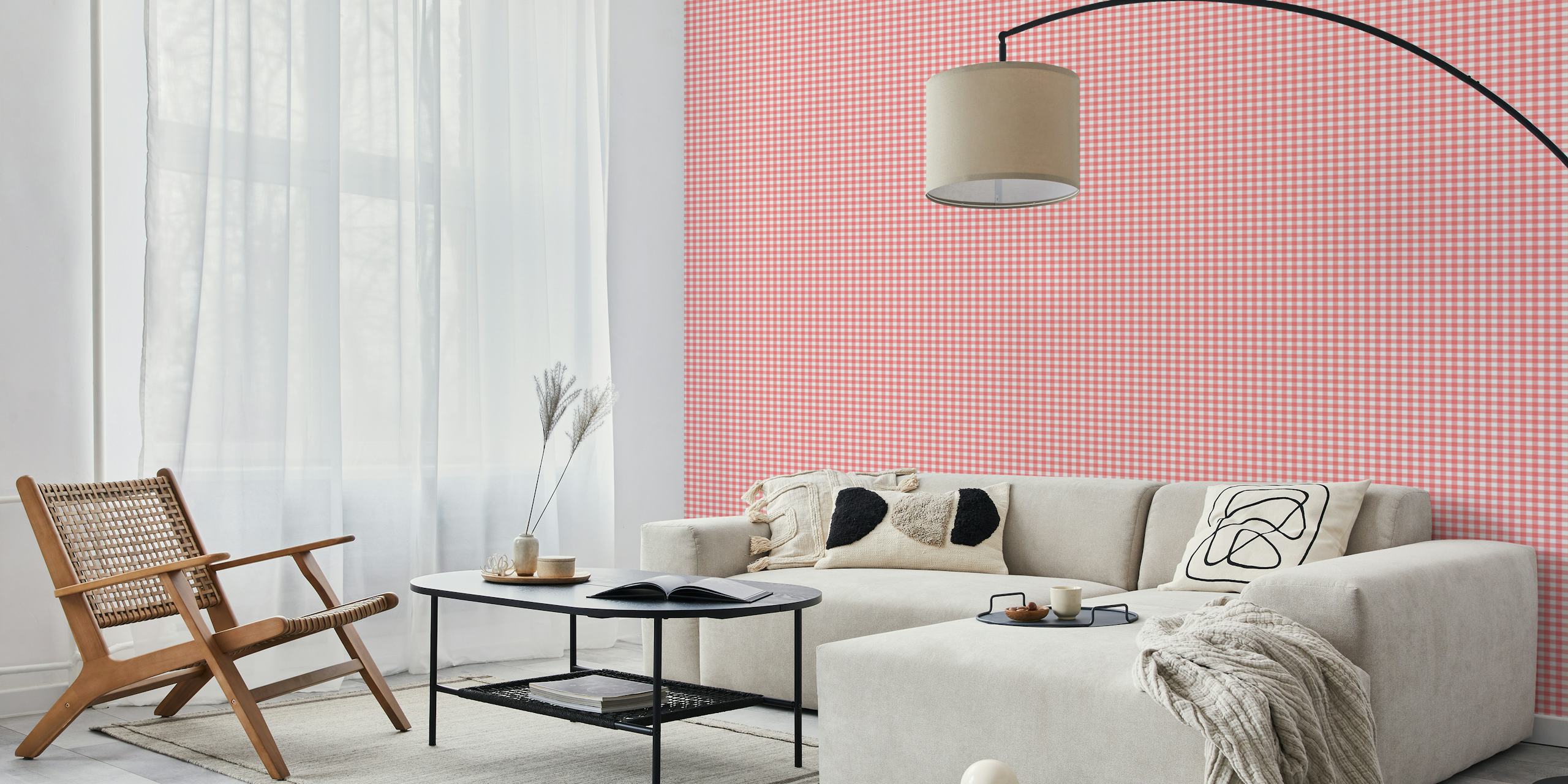 Classic gingham soft red wallpaper in a room
