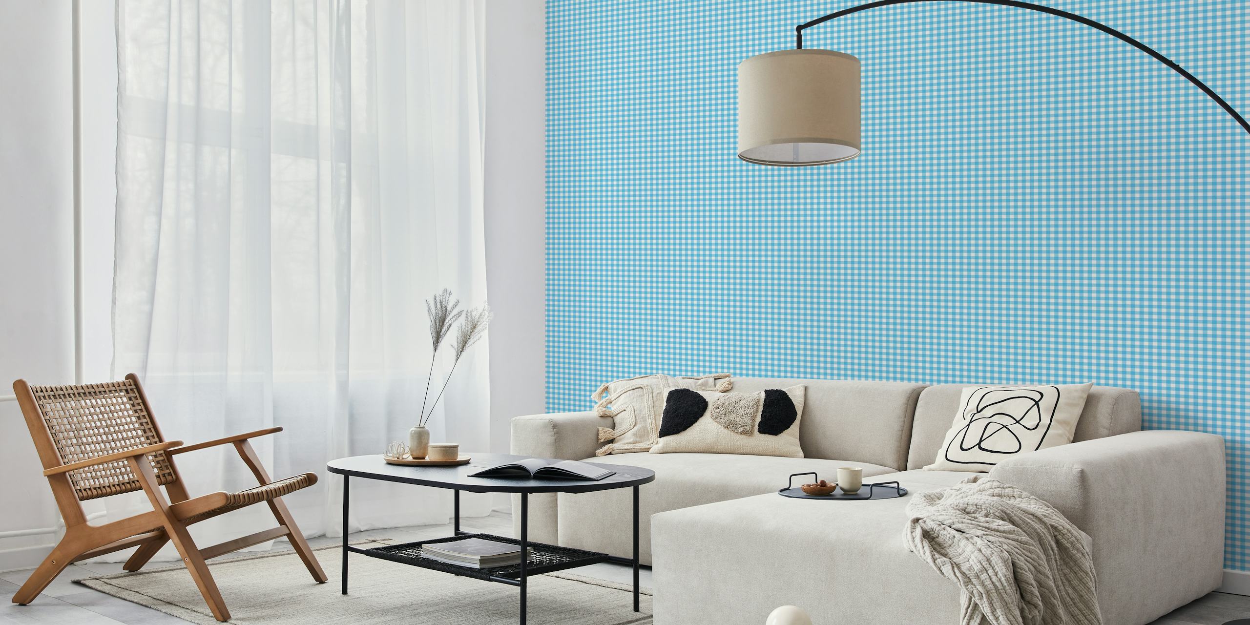 Blue and white gingham check pattern wallpaper