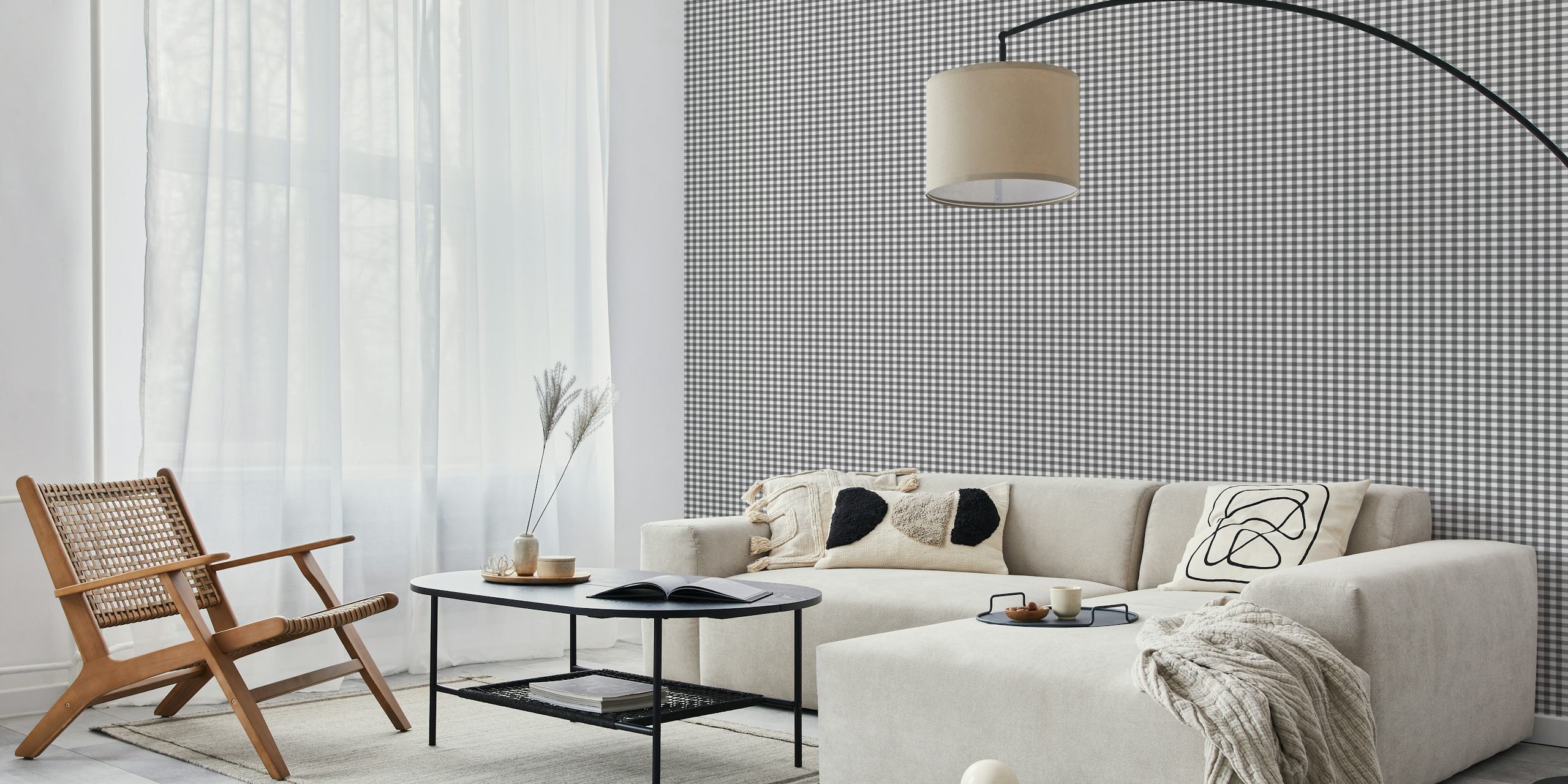 Grey and white gingham check pattern wallpaper