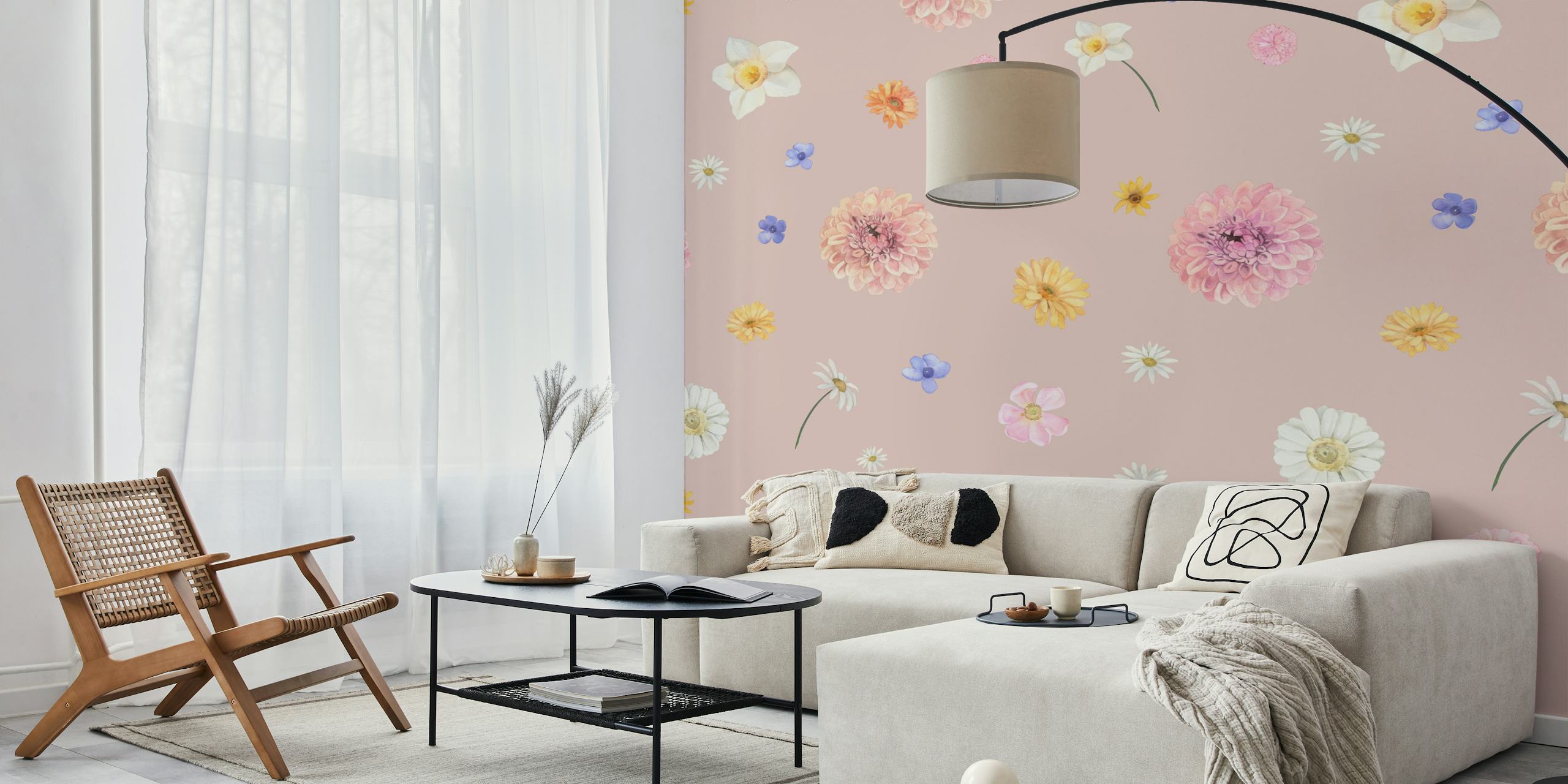 Soft pink floral pattern wallpaper in a room