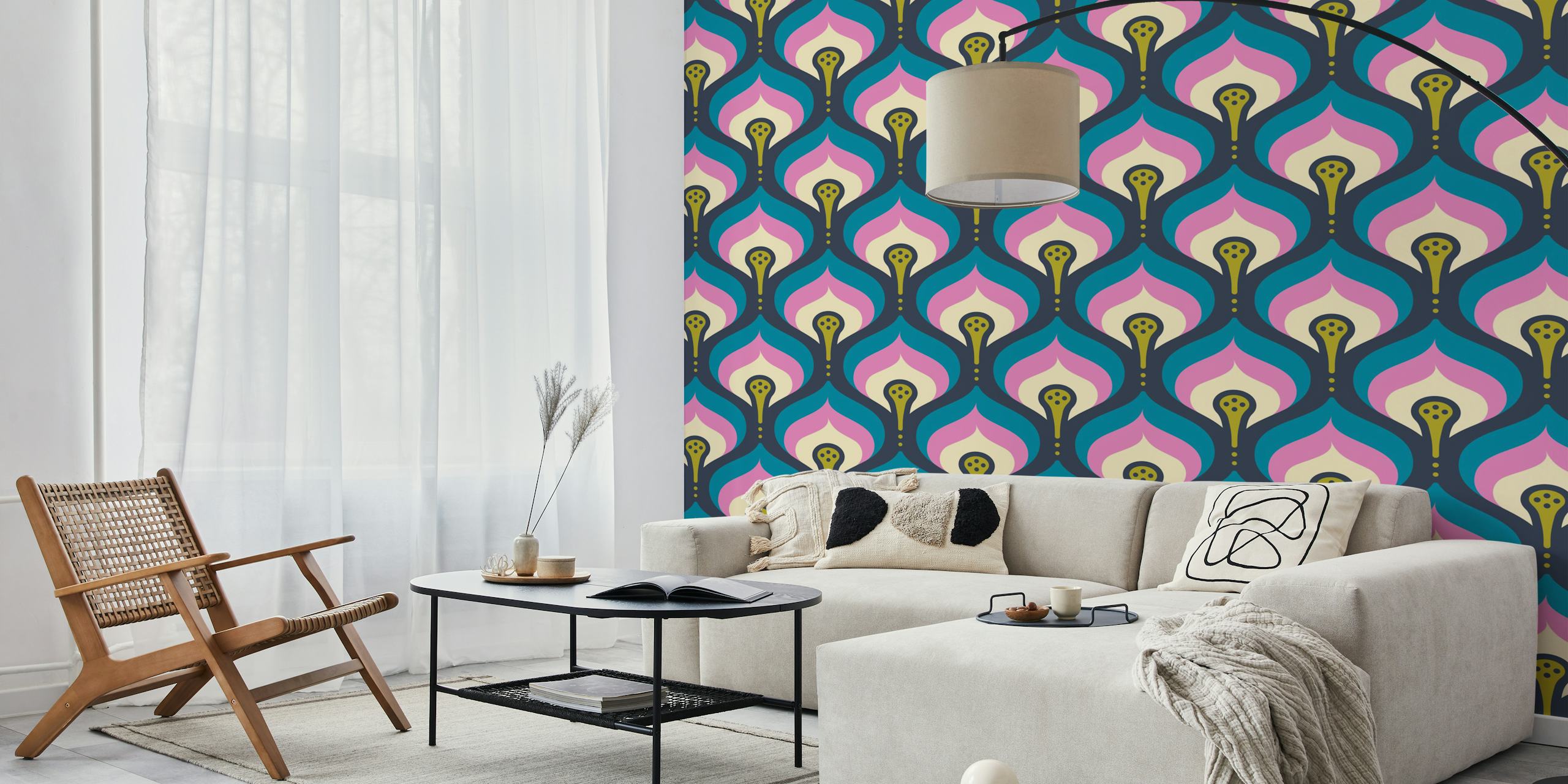 Papier peint Retro Flowing Motif in Blue Pink