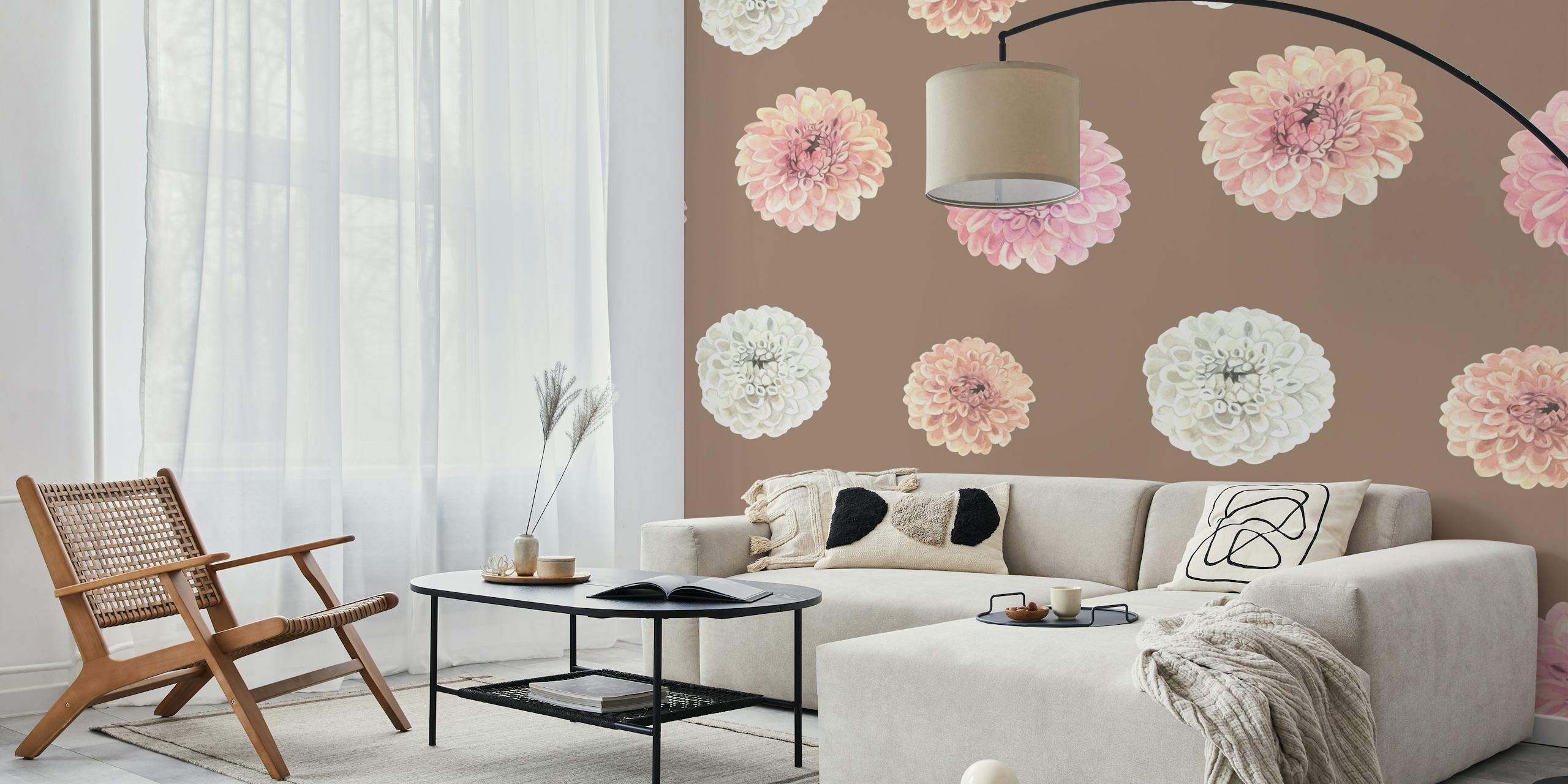 Colorful dahlia flowers on a soft brown background wallpaper