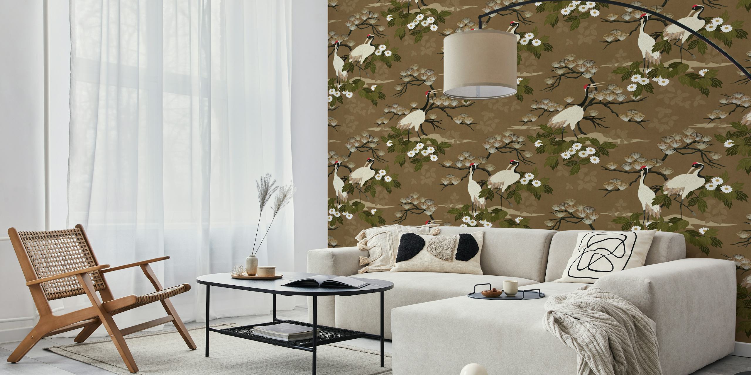 Cranes and white flowers on a brown background wallpaper
