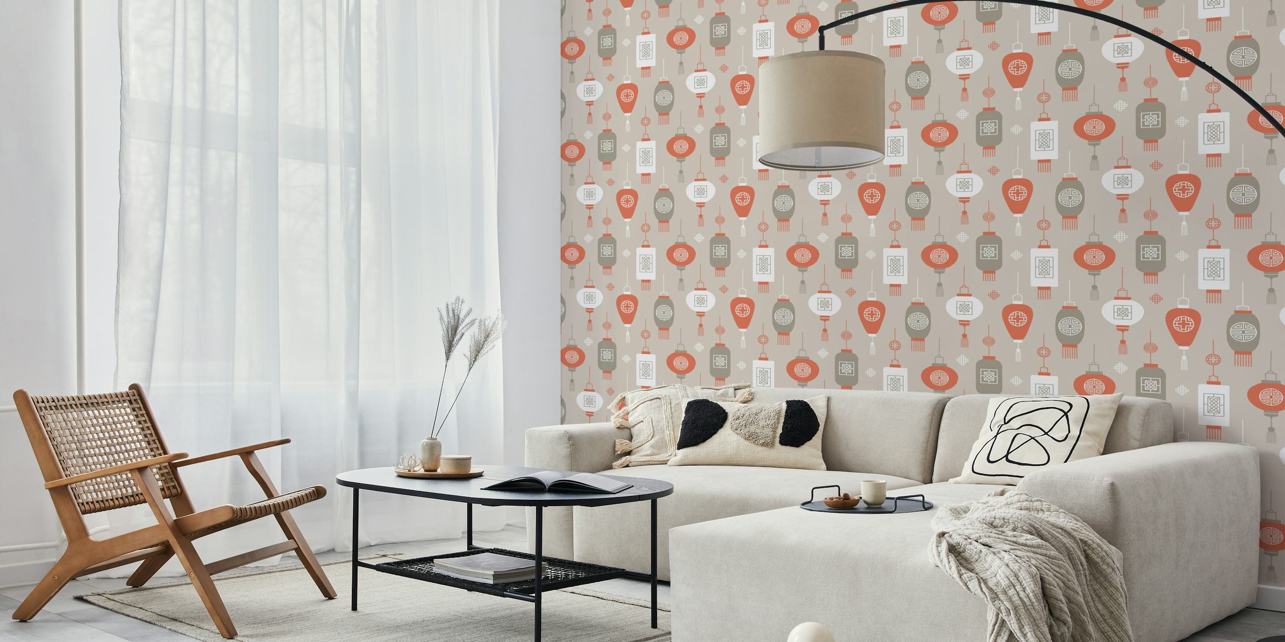 Chinese lantern designs in ochre, white and gray wallpaper