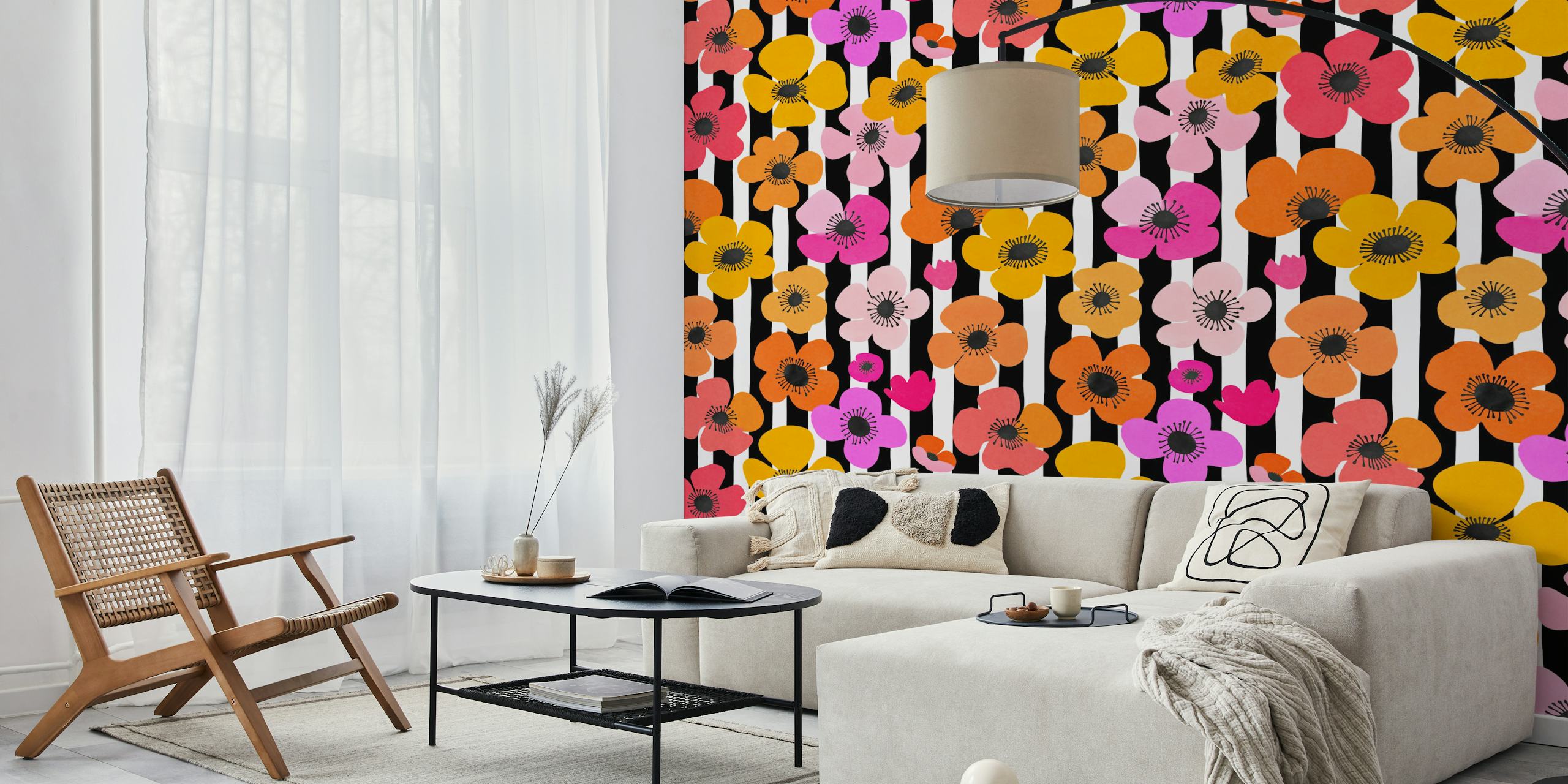 Colorful flowers in pink, orange, and black stripes wallpaper