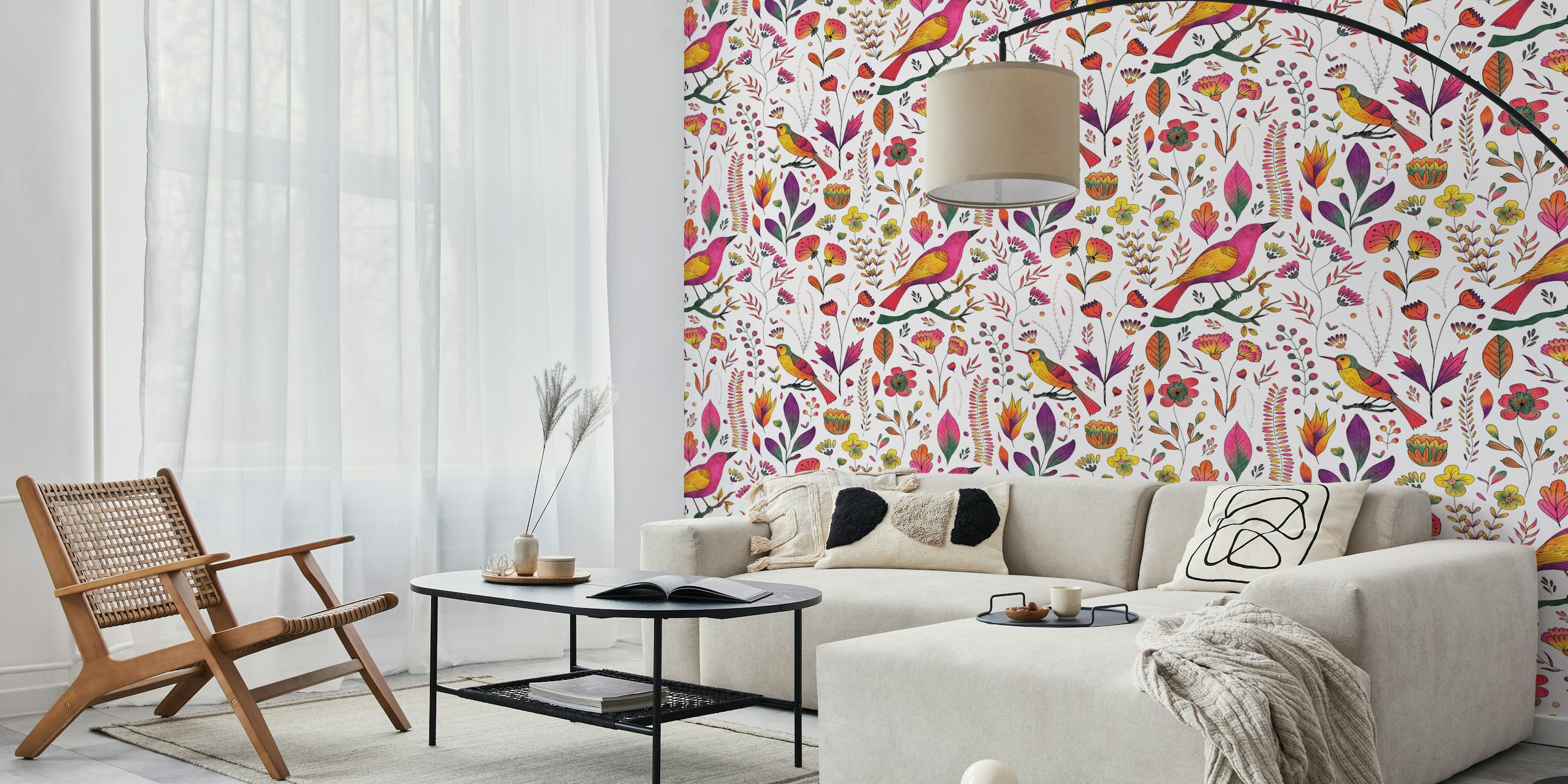 Colorful songbirds and flowers on a white background wallpaper