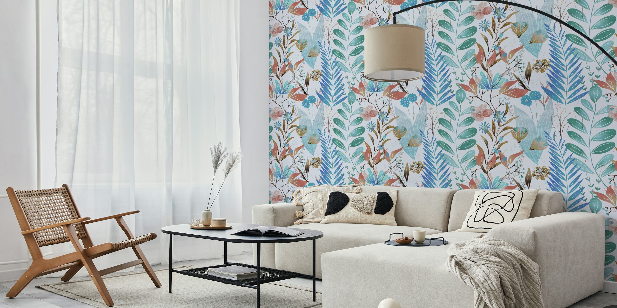 Blue floral wallpaper with various plants and flowers