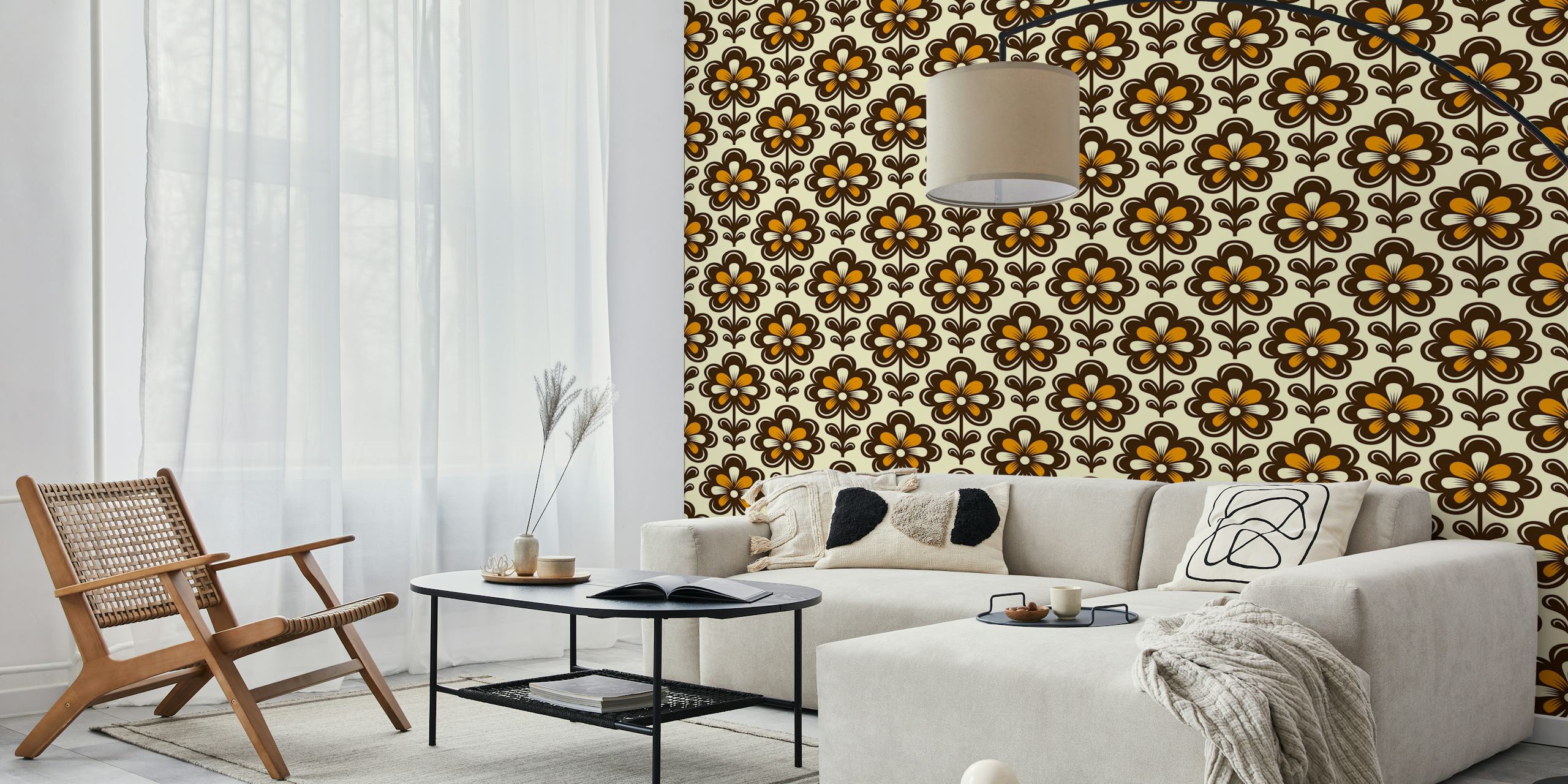 Retro floral pattern in yellow and brown colors wallpaper