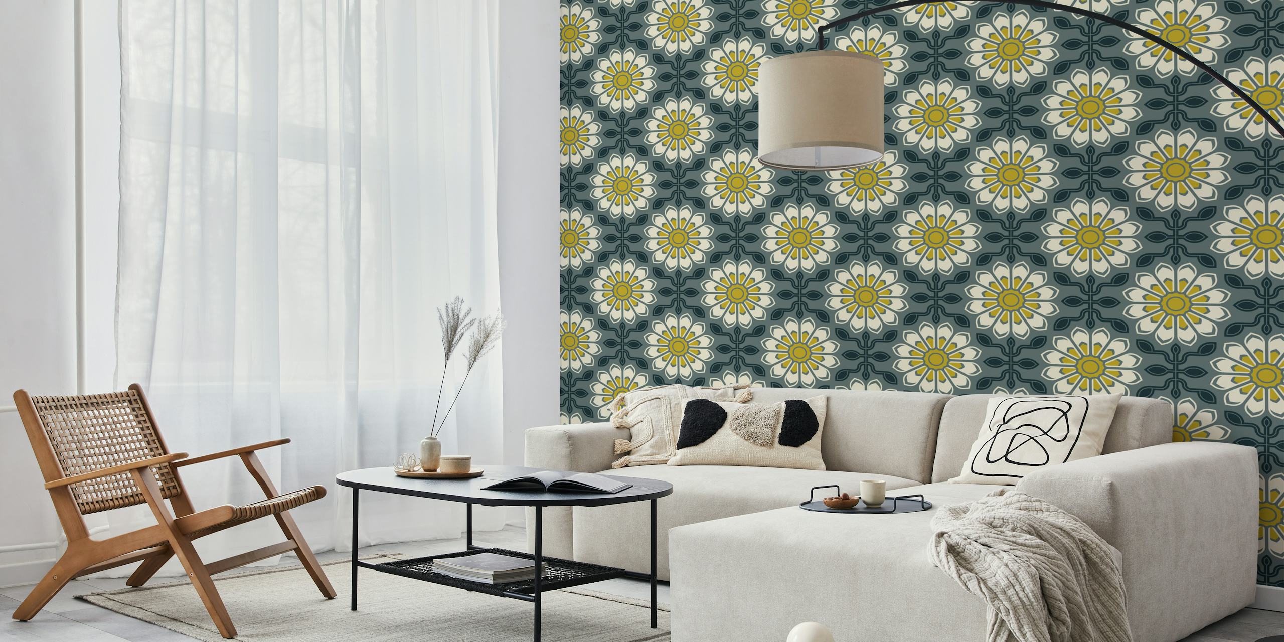 Floral pattern in green and yellow on dark background wallpaper