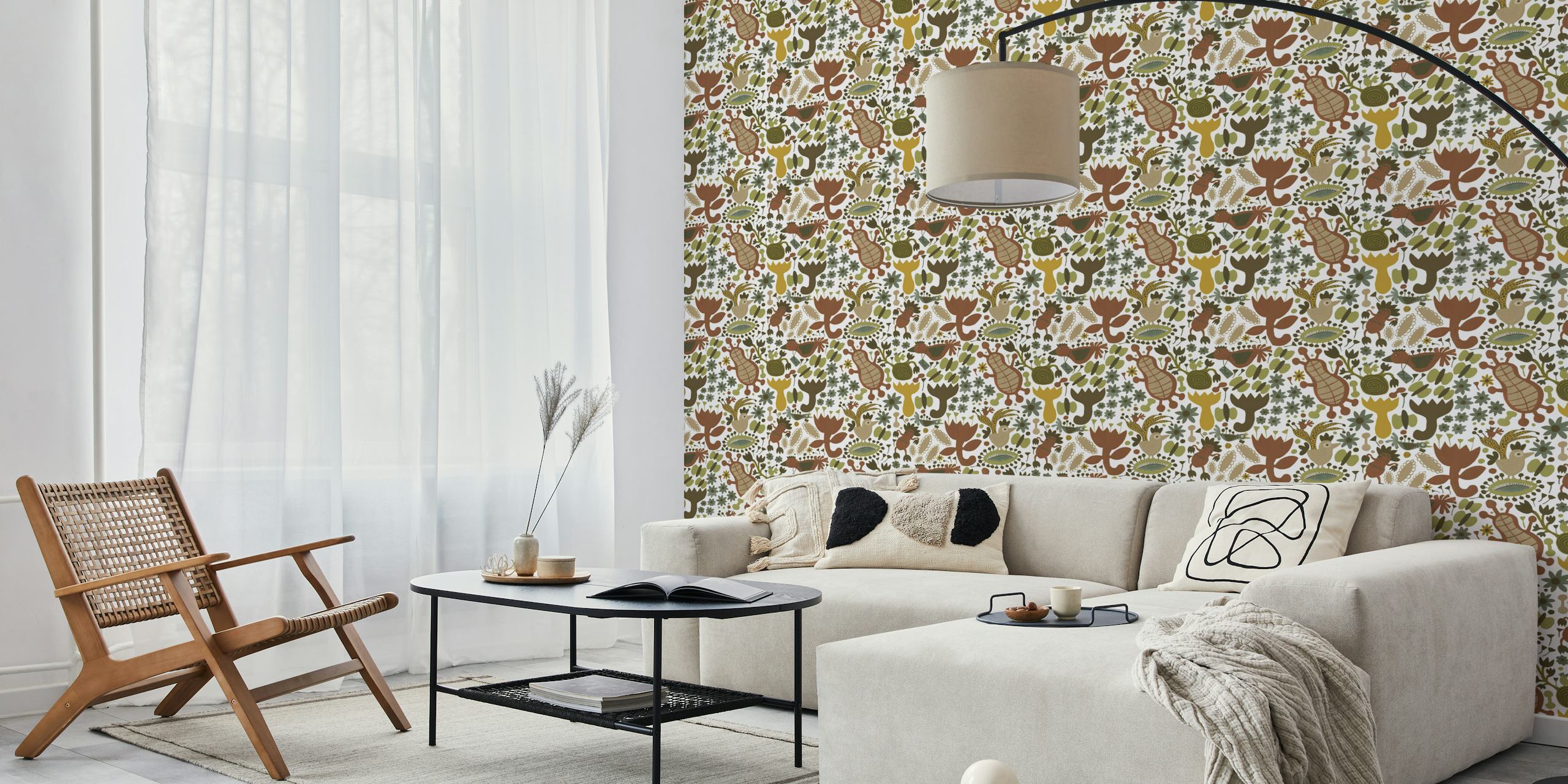 Colorful nature-themed wallpaper with animals and plants