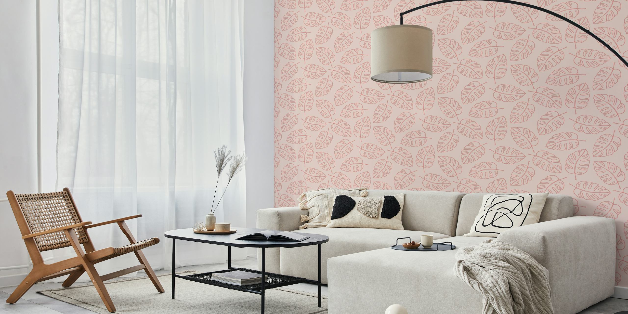 Coral pink background with Monstera leaf pattern wallpaper
