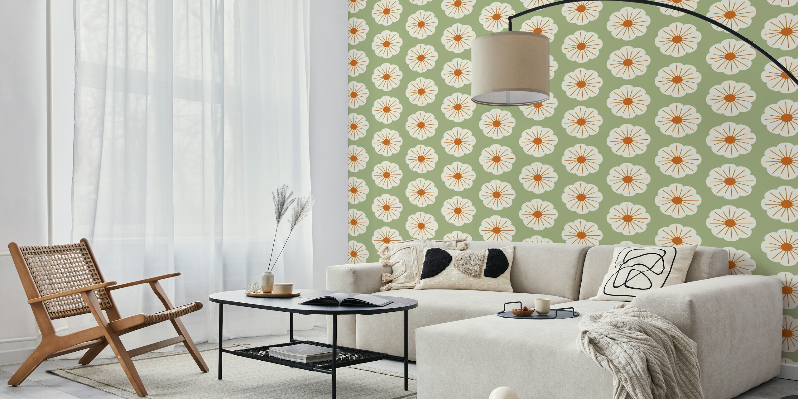 Large retro flowers in cream with brown details on sage green wallpaper