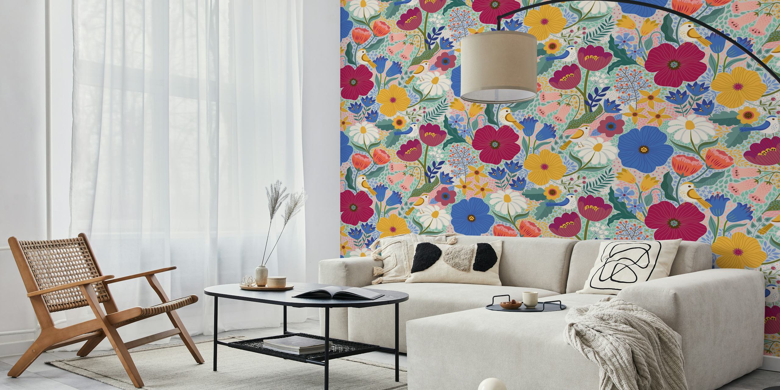Bloemenbehang ontwerp met vogels in blauw en pruim