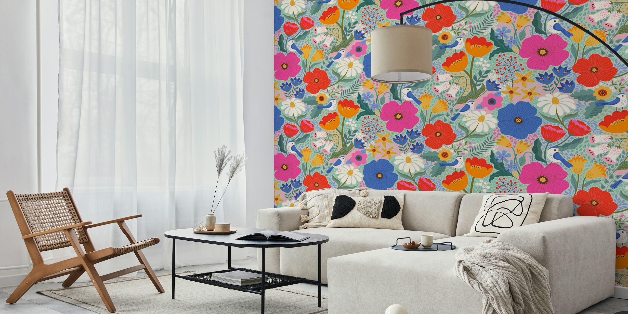 Floral wallpaper with birds in a colorful design