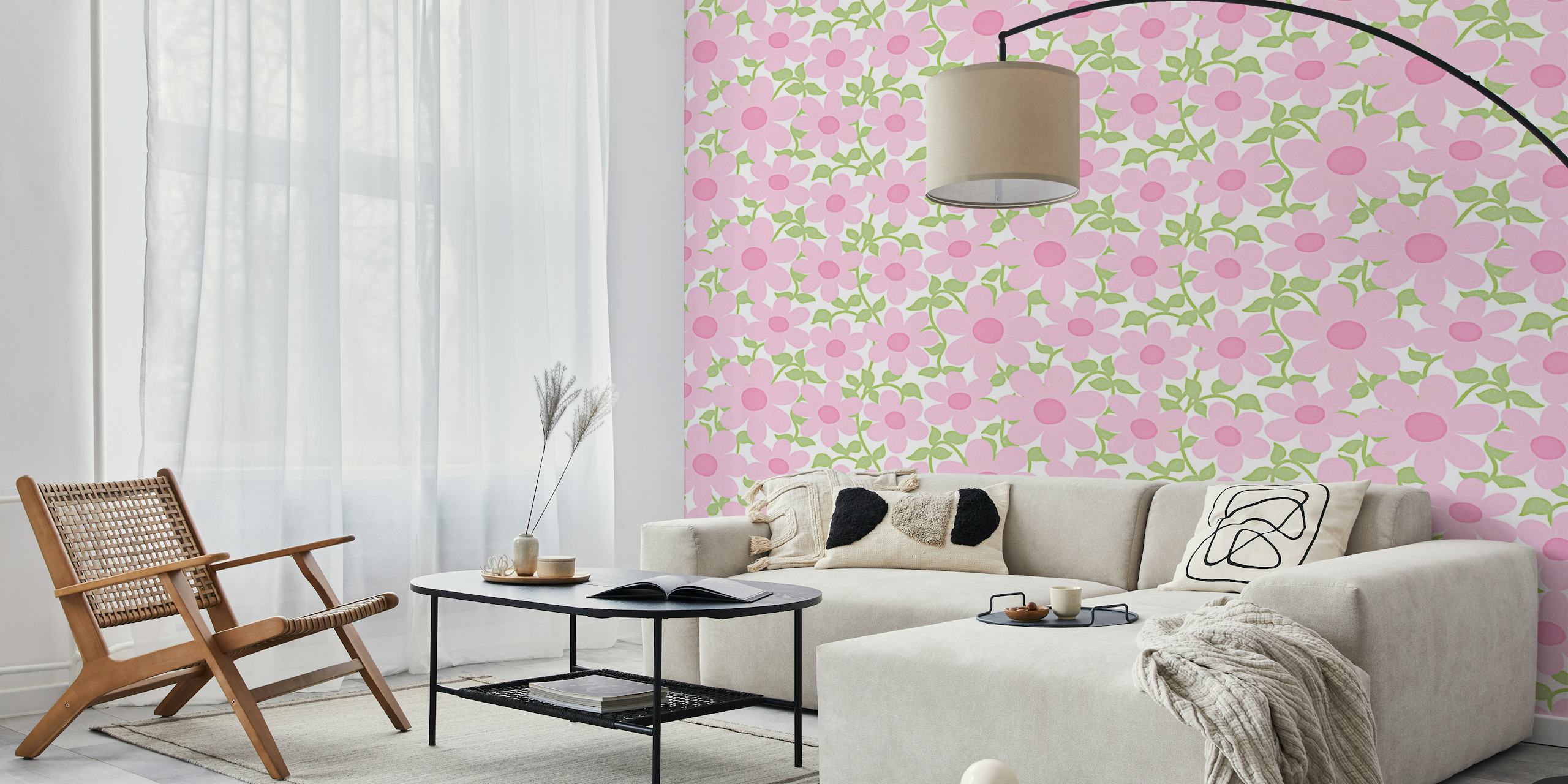 Pastel pink flowers with green leaves wallpaper