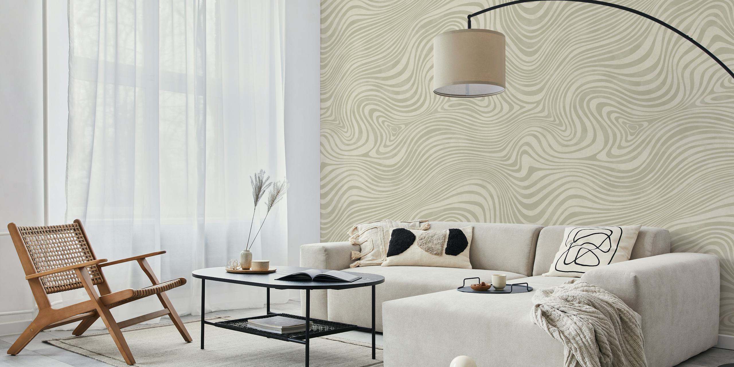 Abstract wavy lines in light gray and beige wallpaper