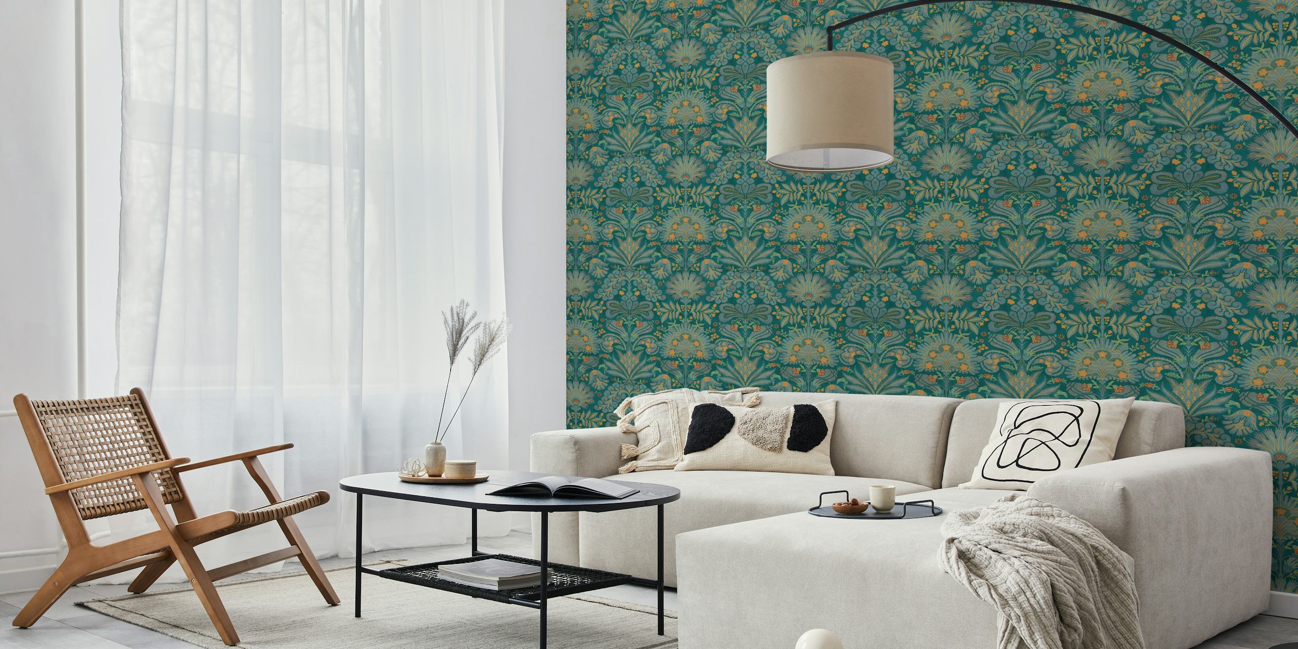 Teal floral damask pattern wallpaper with orange accents