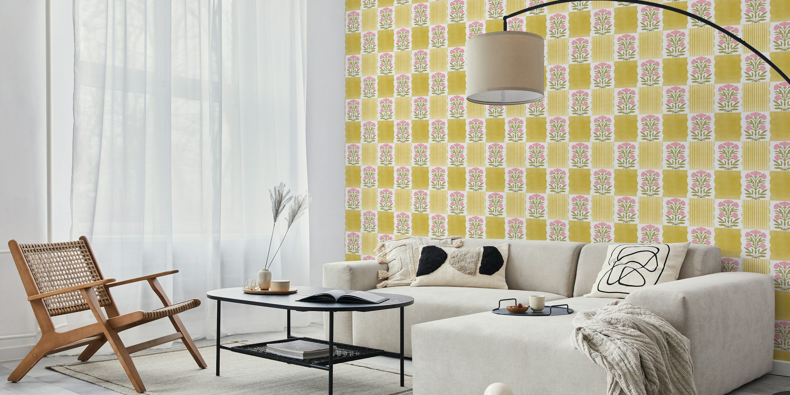 Papel de parede Timeless Golden Floral Harmony em um quarto