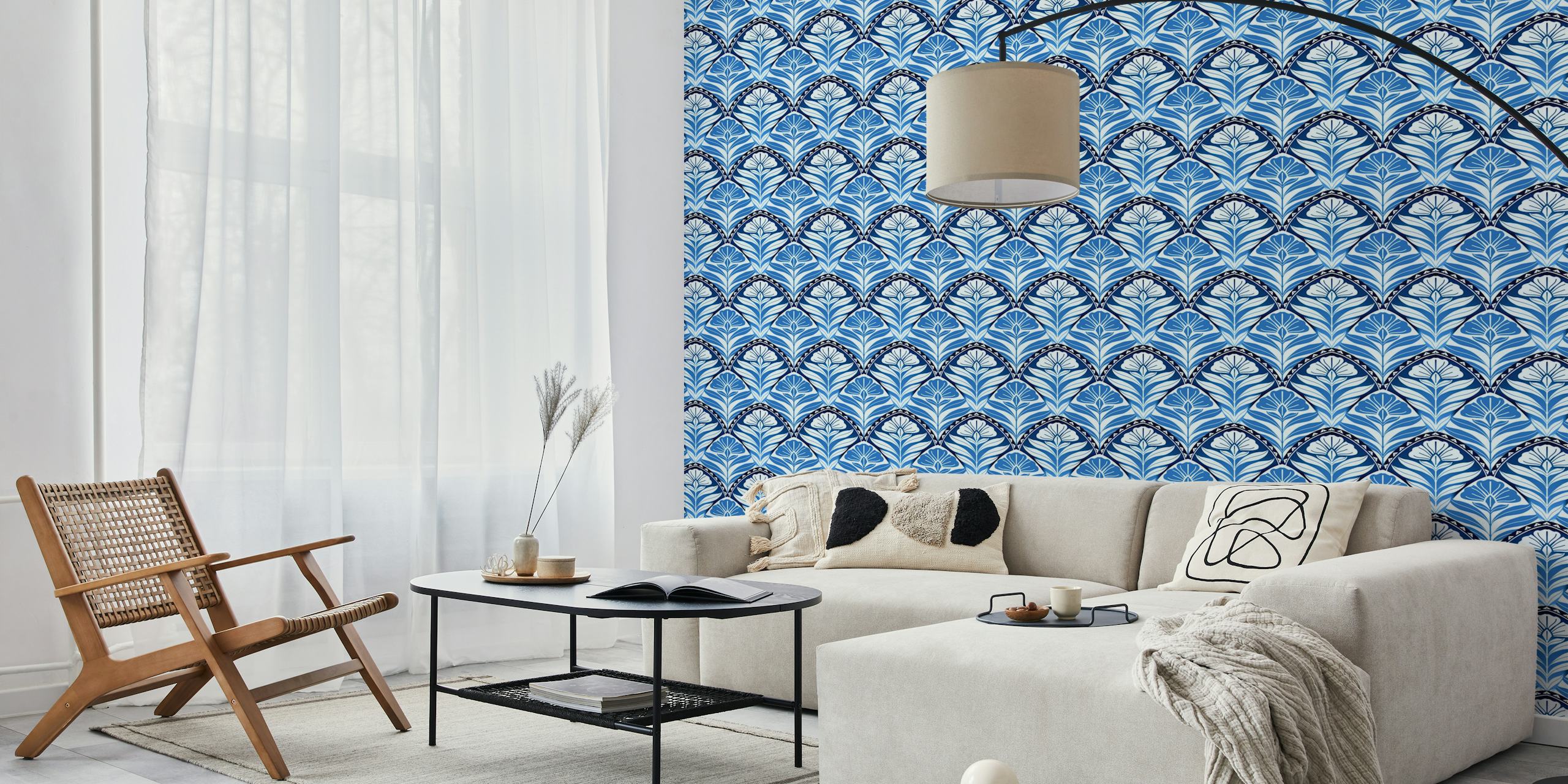 Blue floral design with art deco style wallpaper